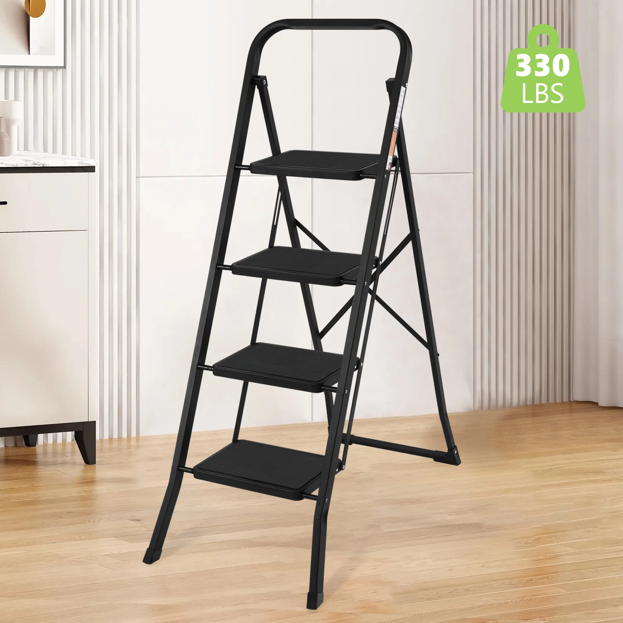 Coolhut 4 Step Ladder, Folding Step Stool with Wide Anti-Slip Pedal, 330lbs Capacity Portable Lightweight Ladders for Home Kitchen Outdoor, Black