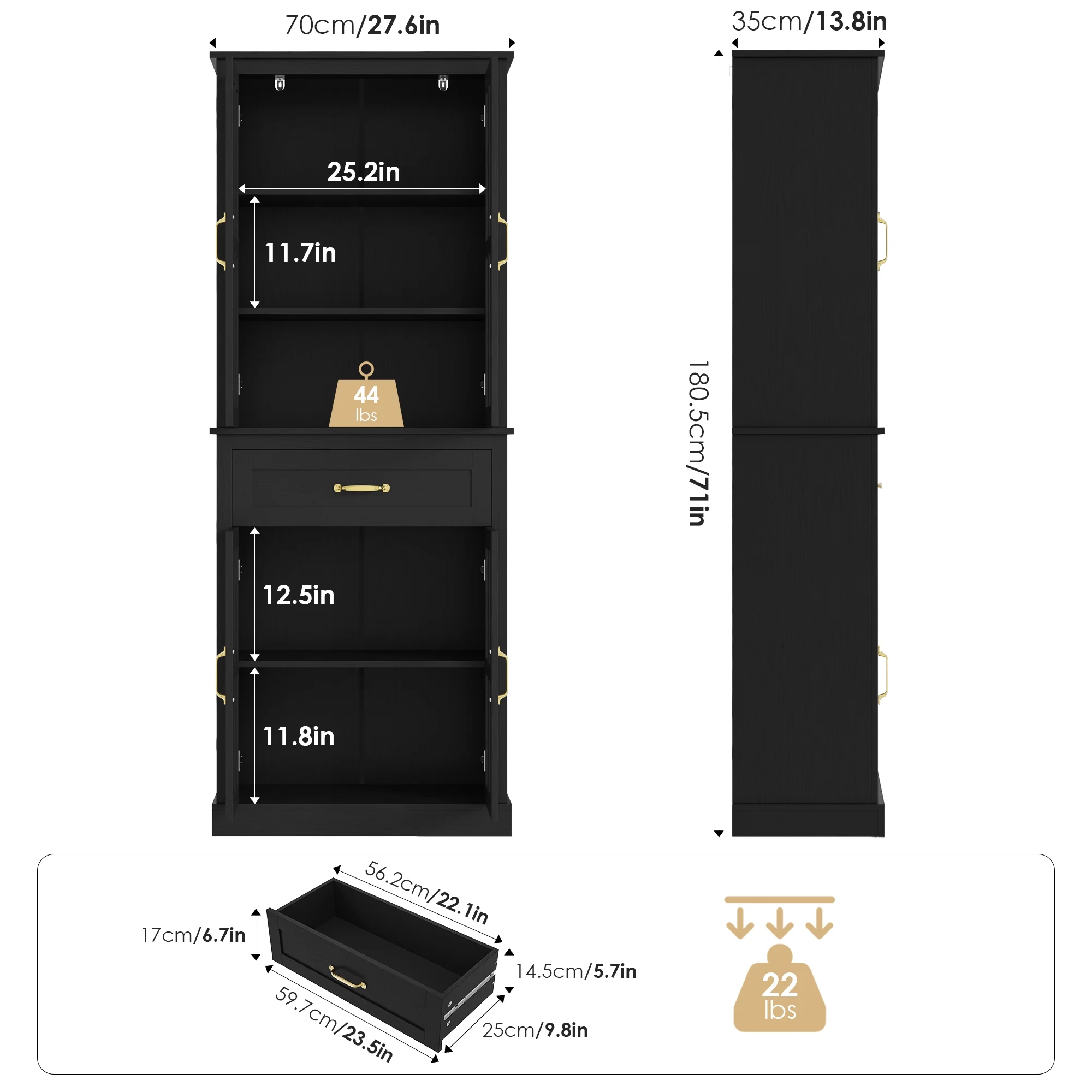 Homfa 71''Bathroom Linen Cabinet with 4 Glass Doors, Wood Tall Food Pantry Cabinet with Adjustable Shelves for Kitchen, Black