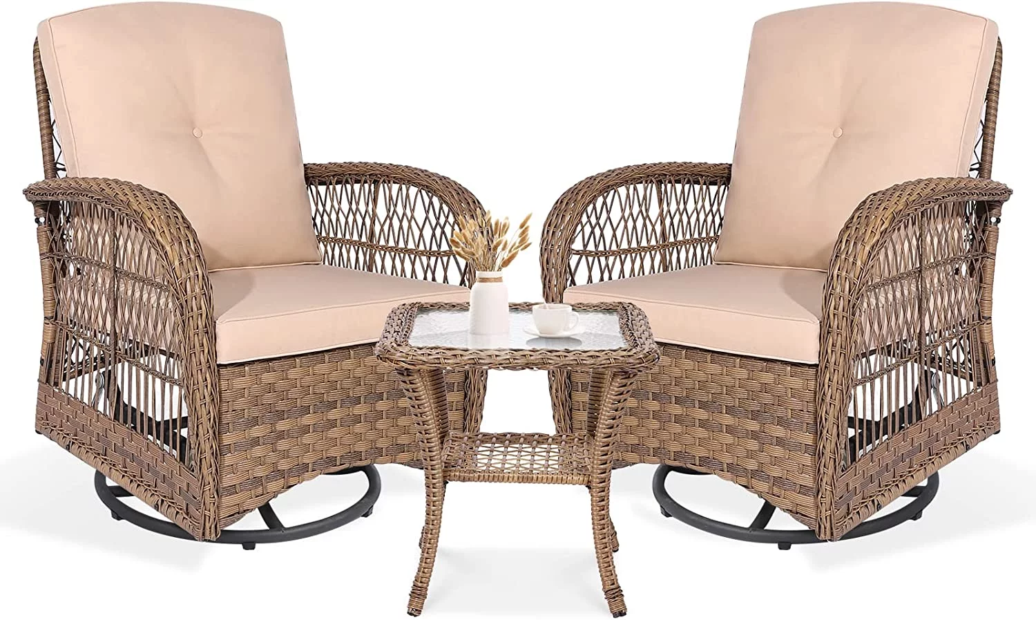 VIVIJASON 3-Piece Outdoor Conversation Bistro Set, Patio Swivel Glider Rocking Chairs Rattan Furniture Sets w/ 2 Rattan Chairs, Cushions, Glass Top Side Table for Porch Backyard, Light Brown