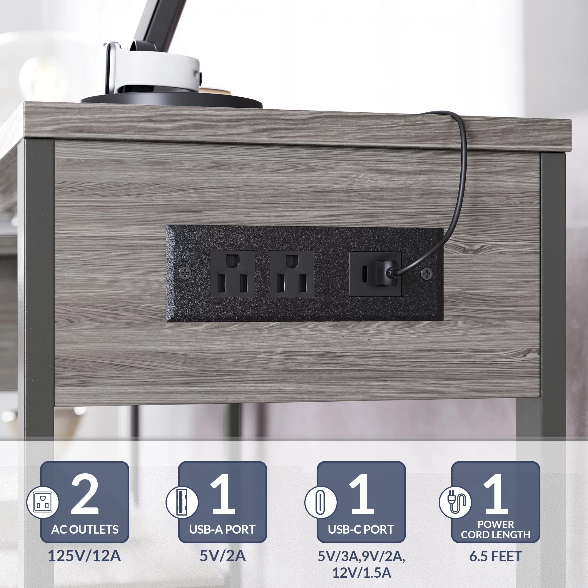 BELLEZE 360° Rotating Desk with Charge Station, 3-Tier Shelves Rotatable Sofa Side Table with Storage Drawer, Movable Laptop Table, Console Table for Home Office, Bedroom, Living Room - Margo (Gray)