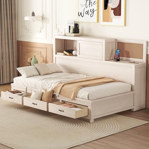 Harper & Bright Designs Full Size Daybed with Storage Shelves, Wood Full Bed Frame with 2 Storage Drawers and Study Desk, W/Wooden Slat Support,for Bedroom,Living Room,Apartment,Natural