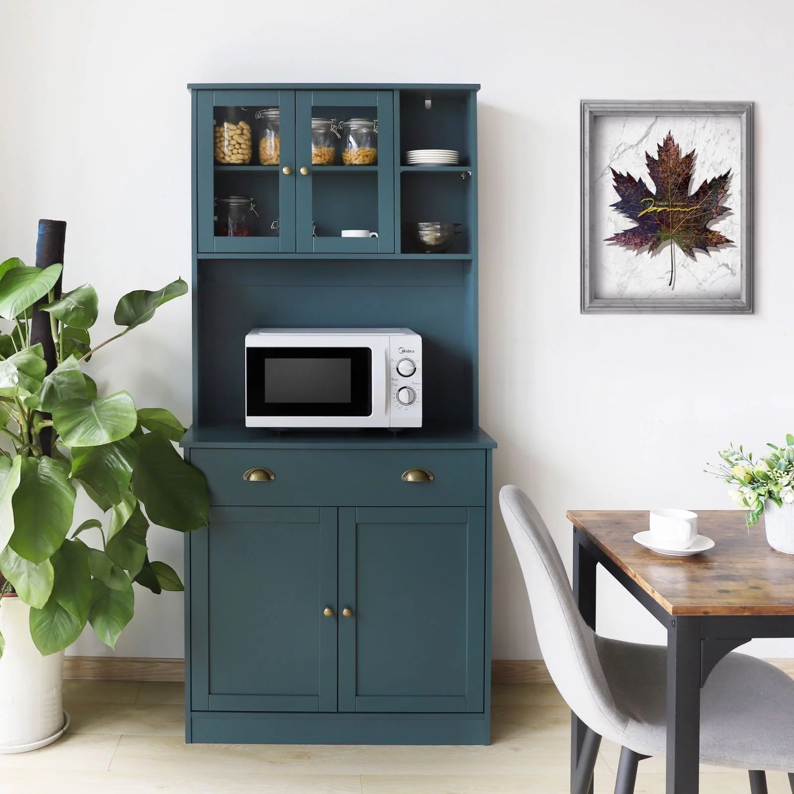 VEIKOUS 72'' Kitchen Pantry Cabinet Storage Hutch with Microwave Stand Blue