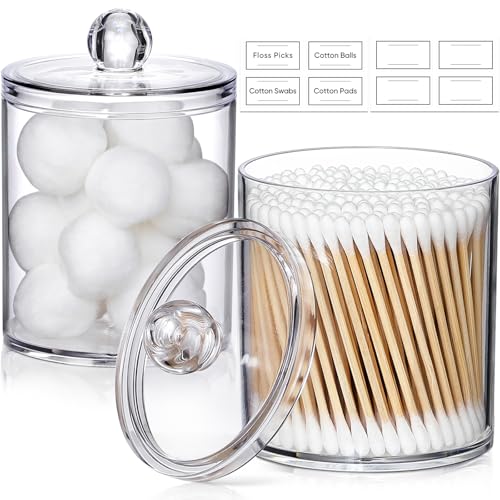 4 Pack Acrylic Qtip Holder Dispenser for Cotton Swabs, Balls, Pads, Floss Picks- Small Clear Plastic Canister Apothecary Jar Set, Bathroom Essentials Accessories Decor, Vanity Makeup Storage Organizer