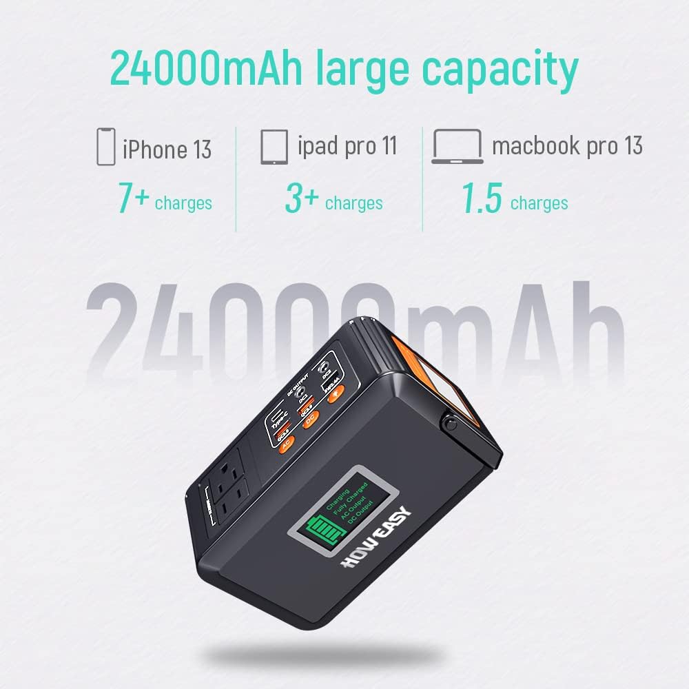 HOWEASY Portable Power Station 88Wh, Camping Solar Generator Power Bank with 110V/150W（Peak） AC Outlet, USB Type-C Port, Camping Light Lithium Battery Power for Home Emergency Battery Backup Laptop