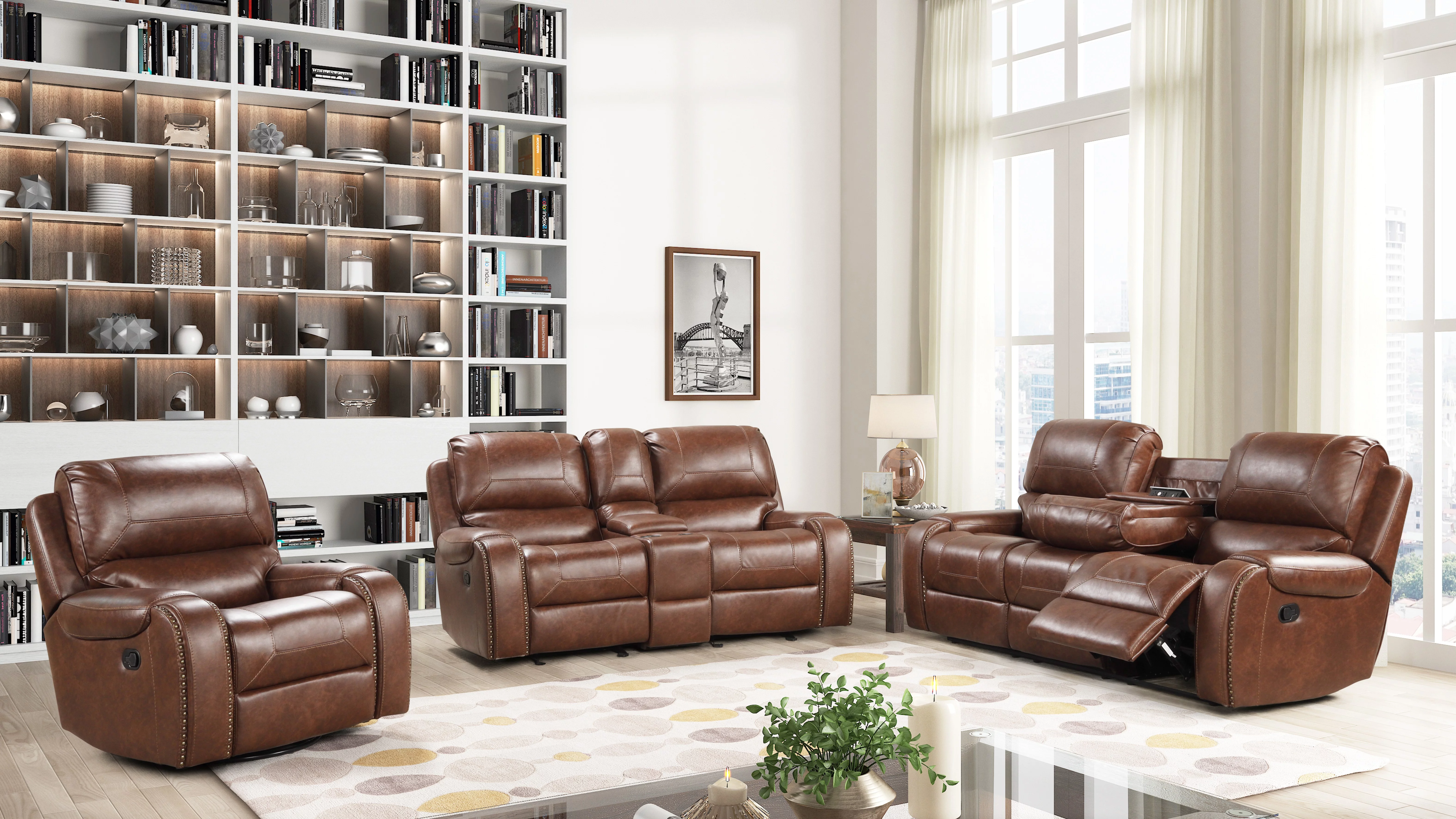 Roundhill Furniture Achern Brown Leather-Air Nailhead Manual Reclining 3-Piece Sofa Set