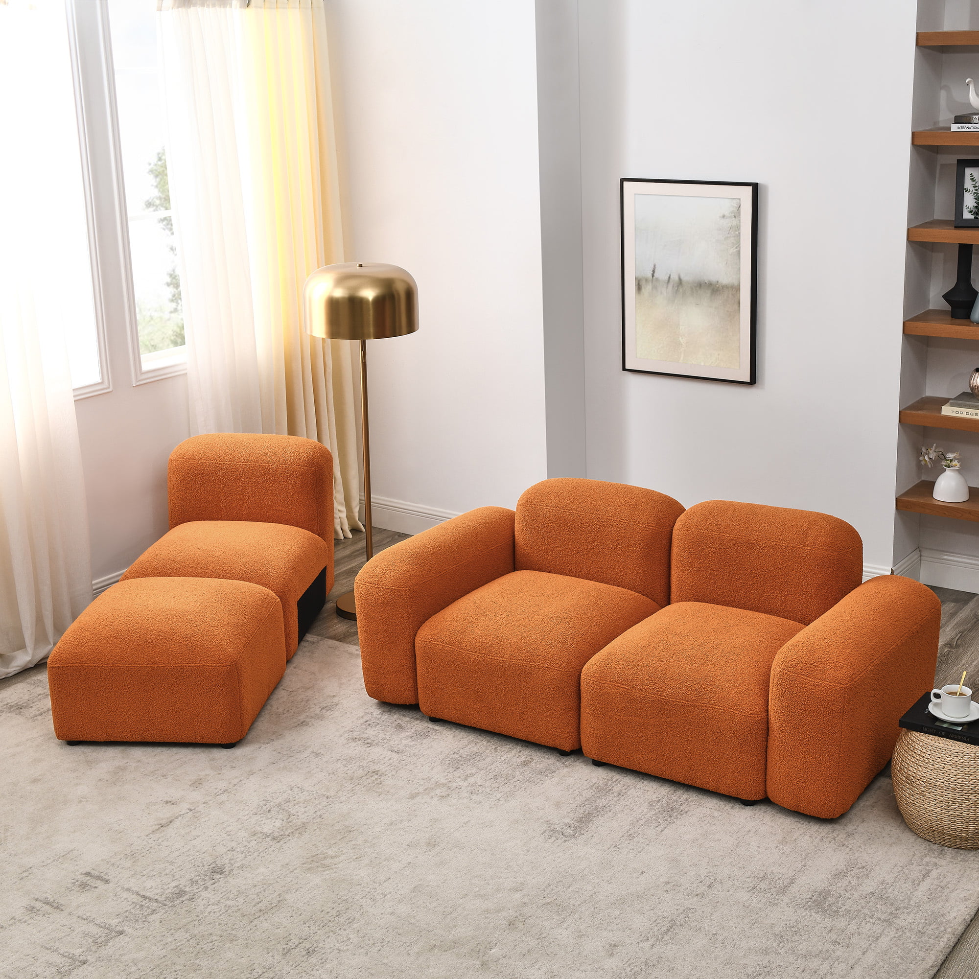 Euroco L-Shape Modular Sectional Sofa, Convertible Sofa with 2 Pillows, Free Combination Couch,Teddy Fabric, Orange