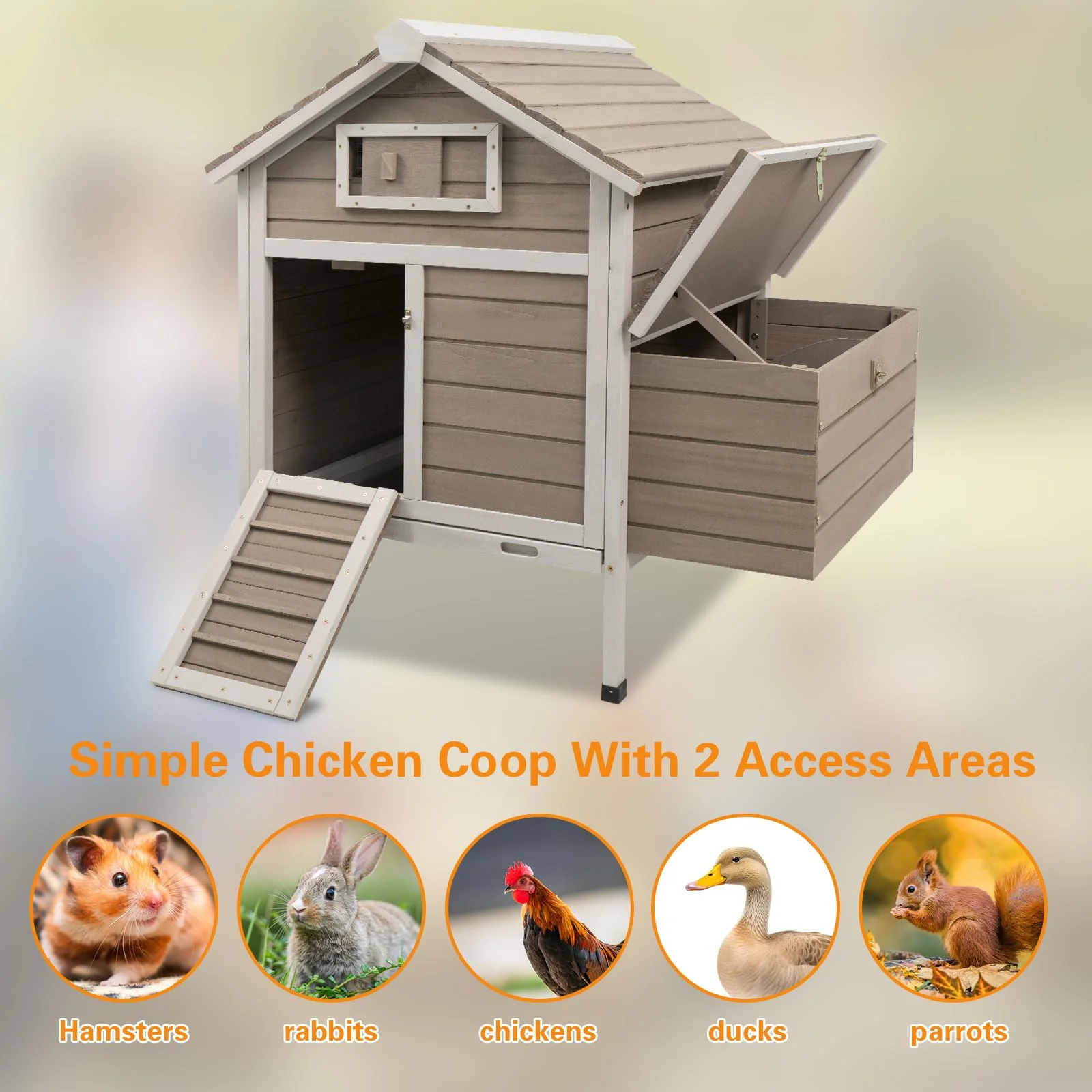 PETSCOSSET Chicken Coop Rabbit Hutch with Removable Trays,Raised Floor Hen House with Nesting Box,Wooden Outdoor Poultry Cage Pet House with Ramp Run Hen Cage for Garden Backyard,Grey
