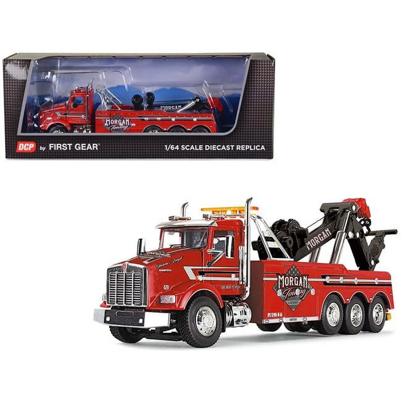 Kenworth T800 Day Cab Tow Truck with Miller Century 9055 Wrecker Red Morgan Towing  Recovery 1/64 Diecast Model by DCP/First Gear