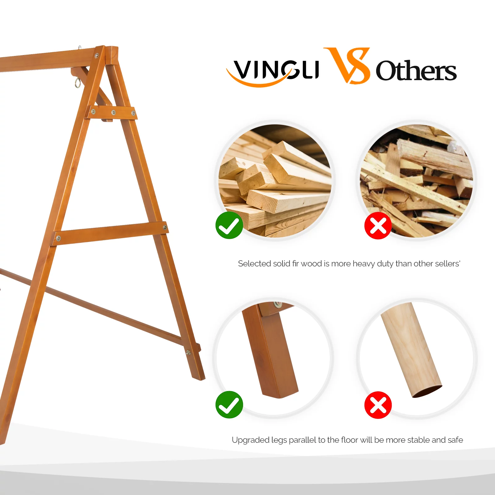 VINGLI Heavy Duty Patio Porch Swing Stand Support 660 LBS A-Frame Design, Solid Fir Wood, 5FT Brown