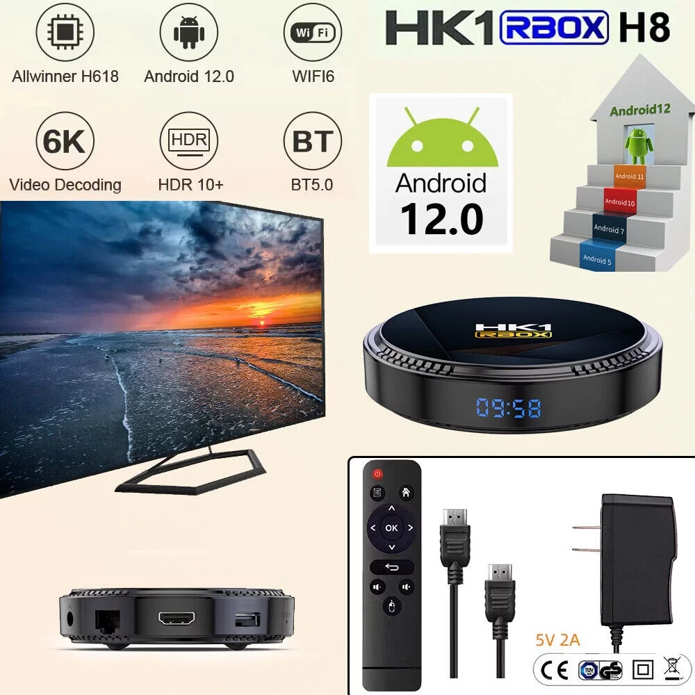FIEWESEY TV Android 12.0 Streamer Player,Set Top Box Smart TV HK1 RBOX Ultra HD 6K HDR WiFi 2.4G 5G BT 5.0 USB 2.0 Android 12.0 Media Streamer Player - 4+32GB