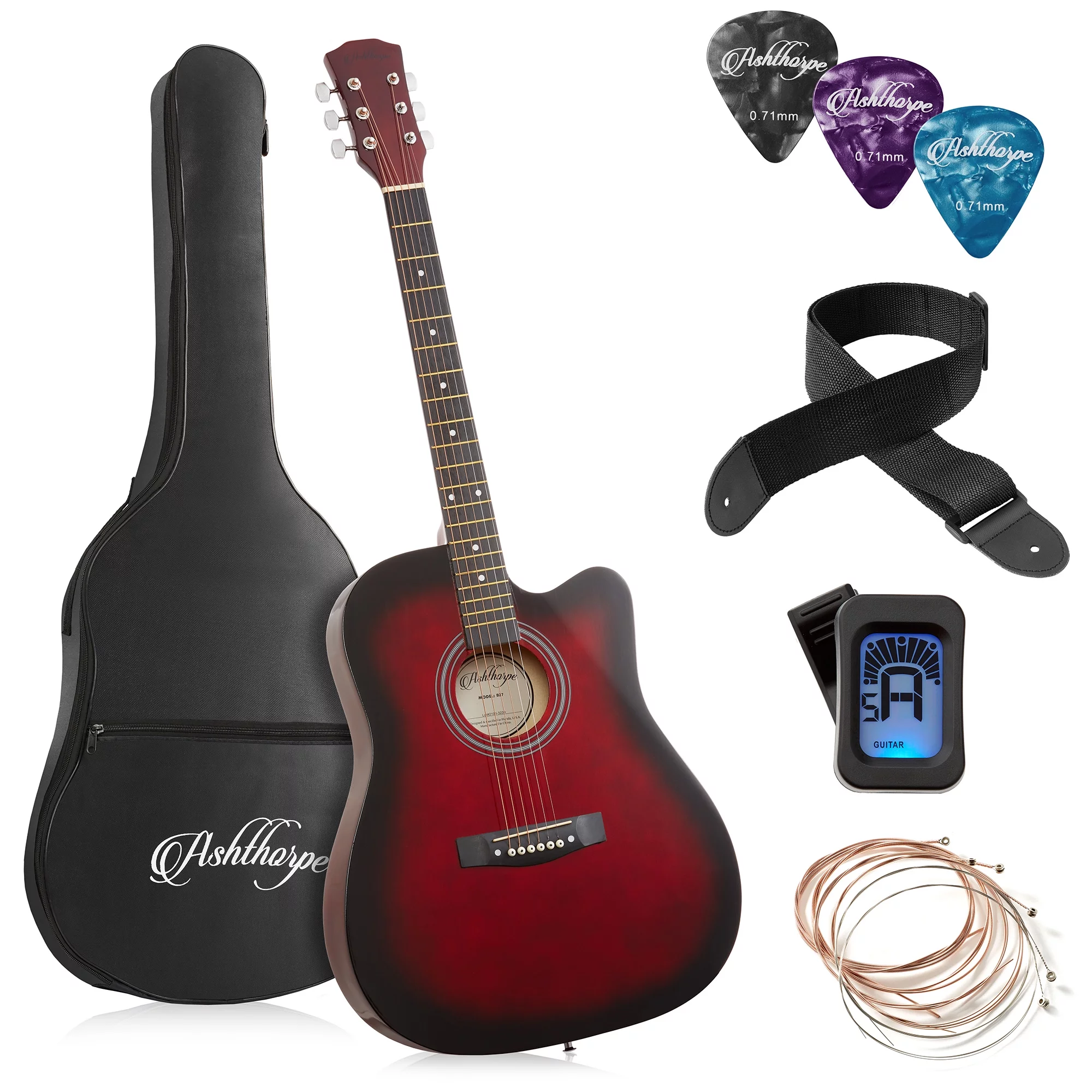 Ashthorpe 41-Inch Beginner Acoustic Guitar Starter Package, Red