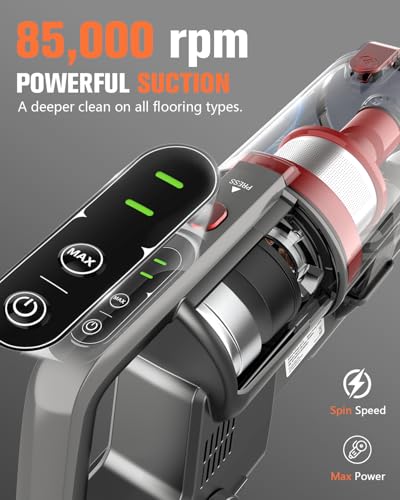 Cordless Vacuum Cleaner, 85,000PRM Upgraded Dual Suction Cordless Stick Vacuum up to 35mins Runtime, Lightweight Rechargeable Vacuum for Home (Shiny Red Black)