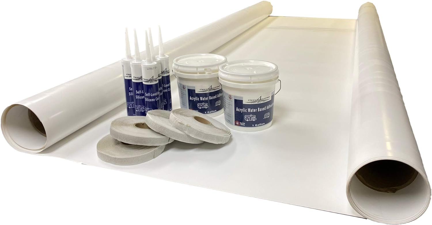 Class A Customs 9.5 ft TPO RV Rubber Roof Kit | 30 ft Long Complete Roof Kit | Motor Home Roof | Camper Roof | Trailer Rubber Membrane and Glue Roofing Kit