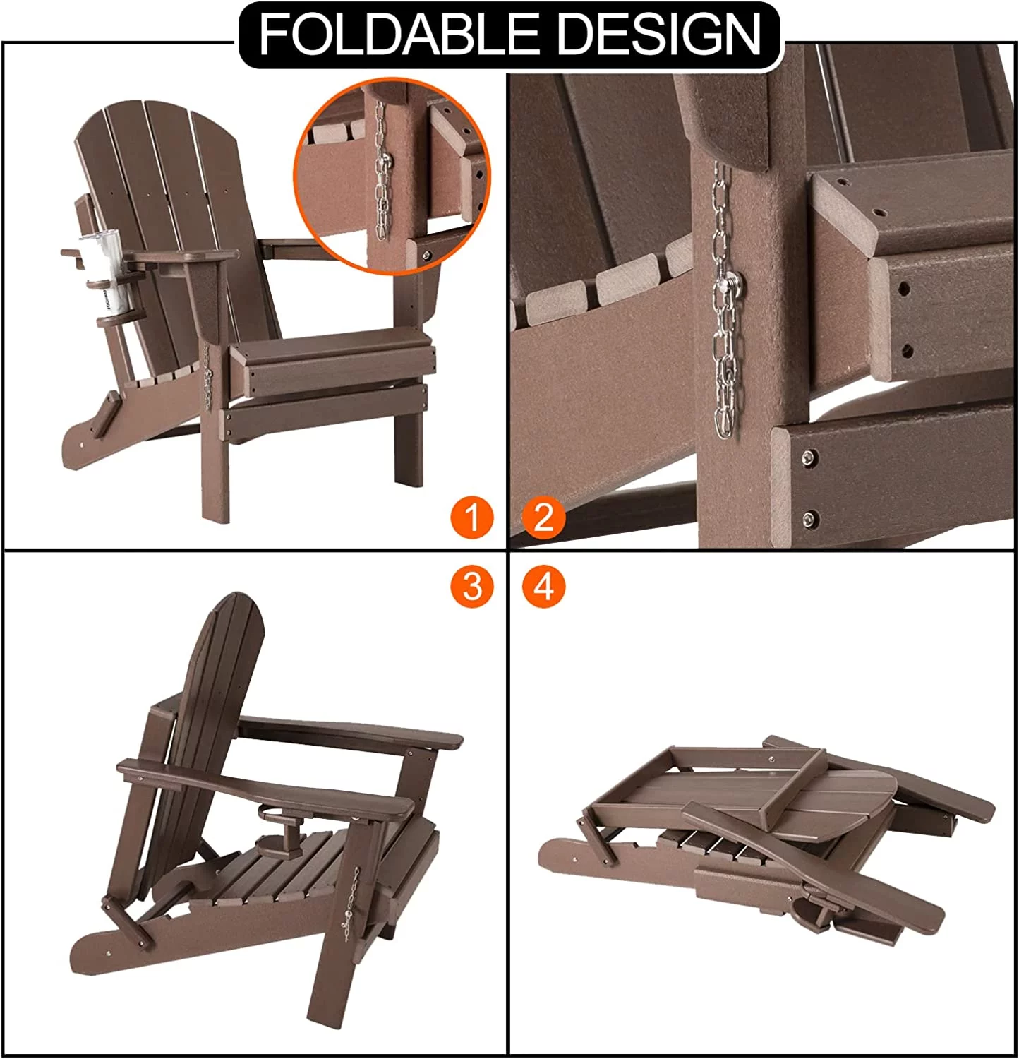 Nalone Folding Adirondack Chairs set of 2 with Cushion with Cup Holder, HDPE Plastic Oversized Patio Chair Weather Resistant(Wood)