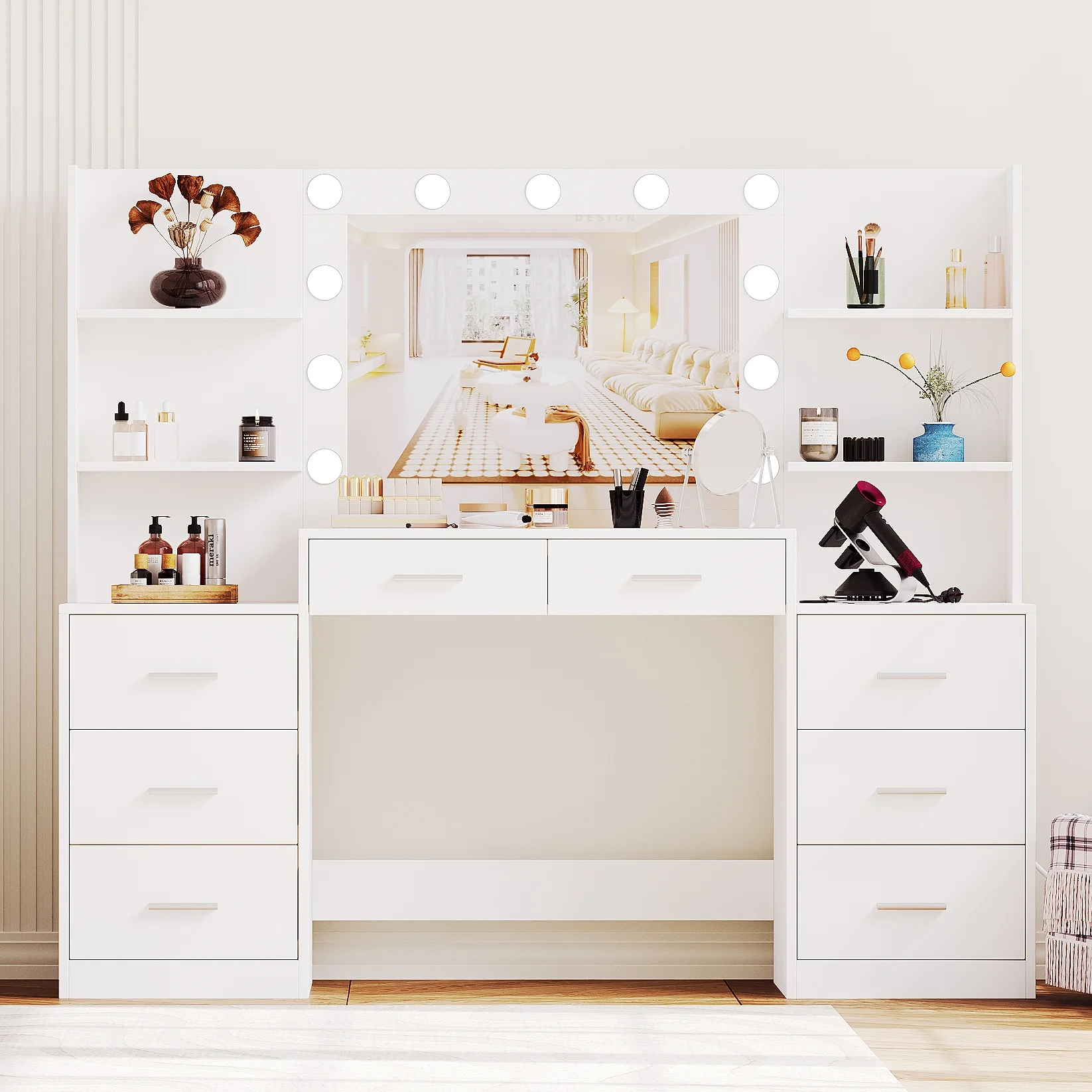 Vanity Desk with Mirror and 3-Mode Lights, Makeup Vanity with 8 Drawer for Women, Girls
