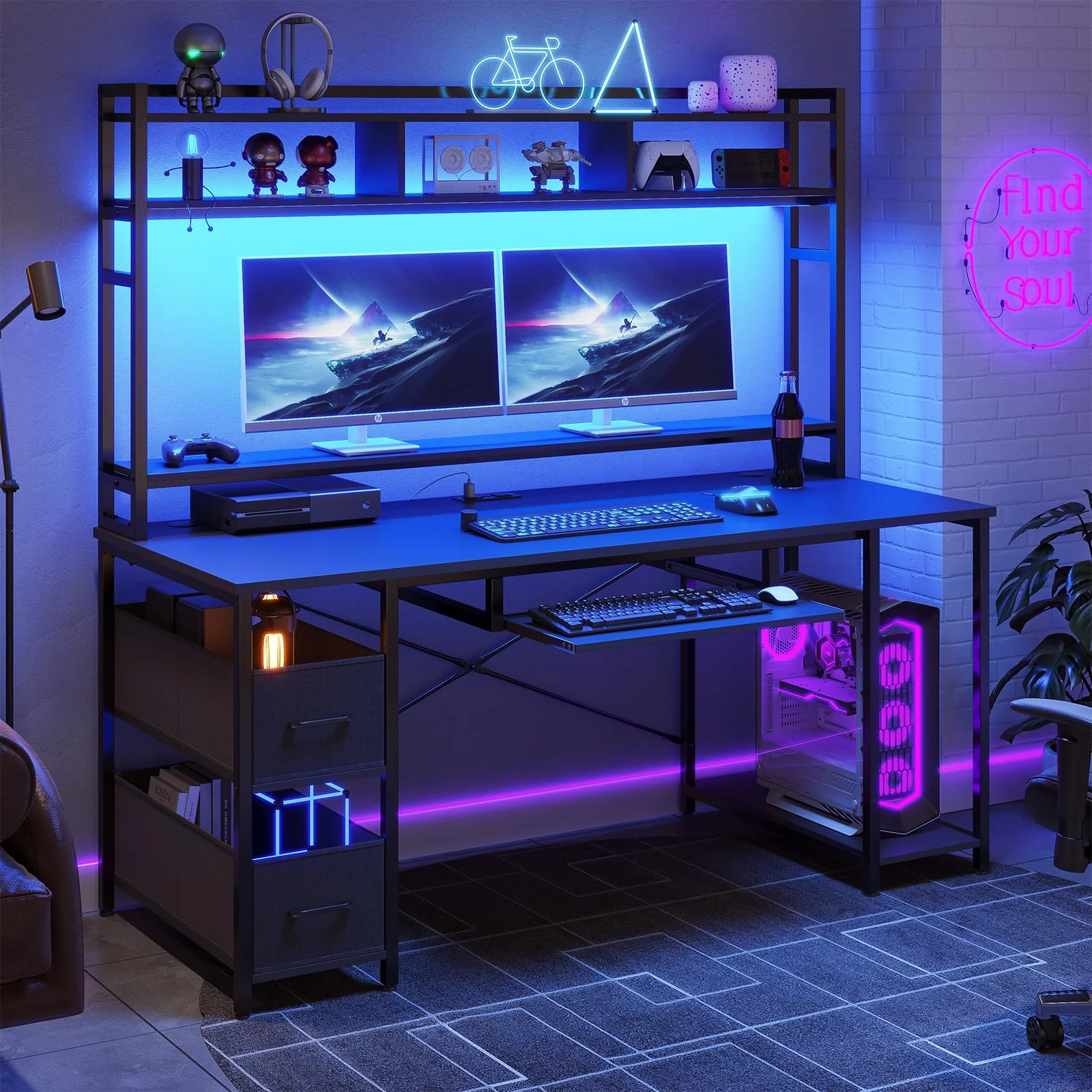 Computer Desk with LED Lights and Hutch, 55