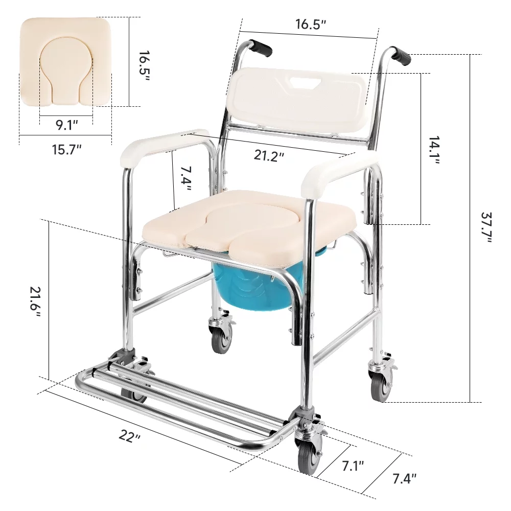 Shower Commode Chair with Wheels 4 in 1 Mobility Multi-Functional Rolling Shower Chair with Soft Padded Waterproof Mobile Over Toilet Chair with 4 Braking Casters Safe for Seniors, Injure