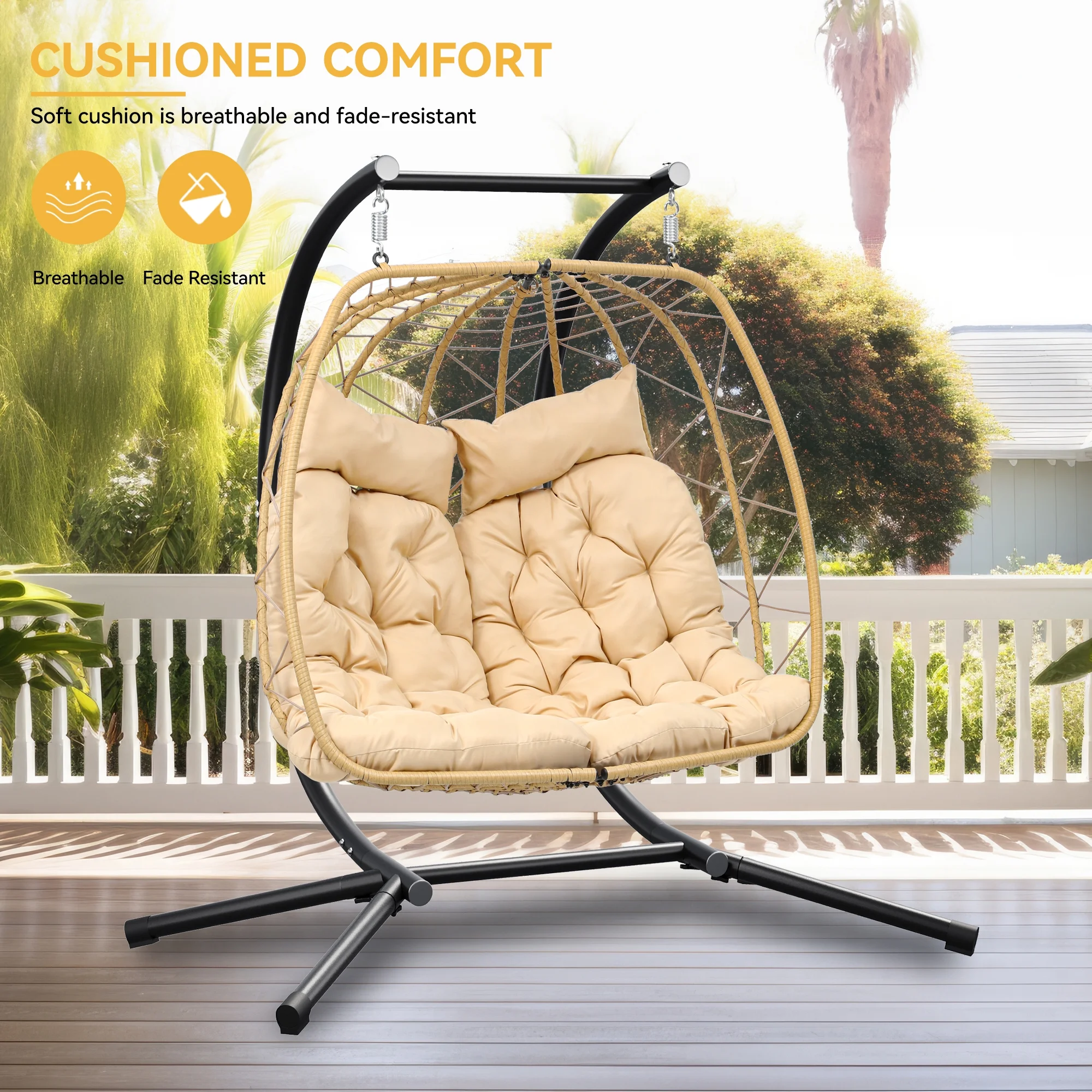 Dextrus Hanging Egg Swing Chair with Stand Double Egg Chair 2 Person Wicker Chair Indoor Outdoor Hammock Egg Chair with Cushions 500lbs for Patio, Bedroom, Garden and Balcony, Beige