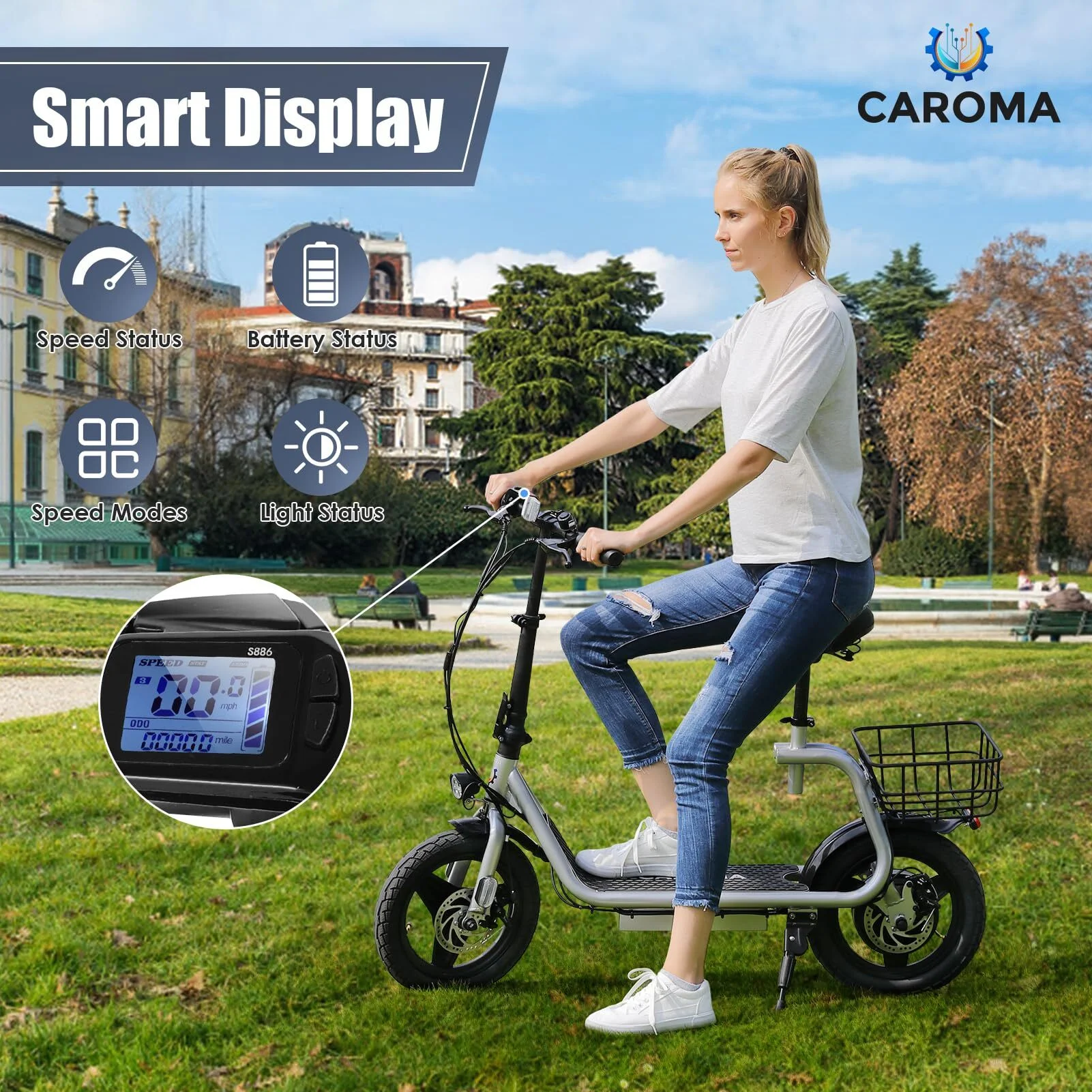Caroma 800W(Peak) Adults Electric Scooter with Removable Seat, Max Speed 20mph Up to 25 Miles Range, 14