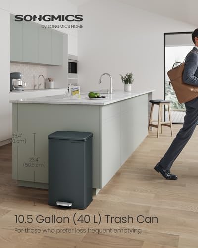 SONGMICS Kitchen Trash Can, 10.5 Gallon (40 L) Garbage Can, Large Step Trash Bin with Lid, Stainless Steel, Soft Close, 15 Trash Bags Included, Silver ULTB540E40