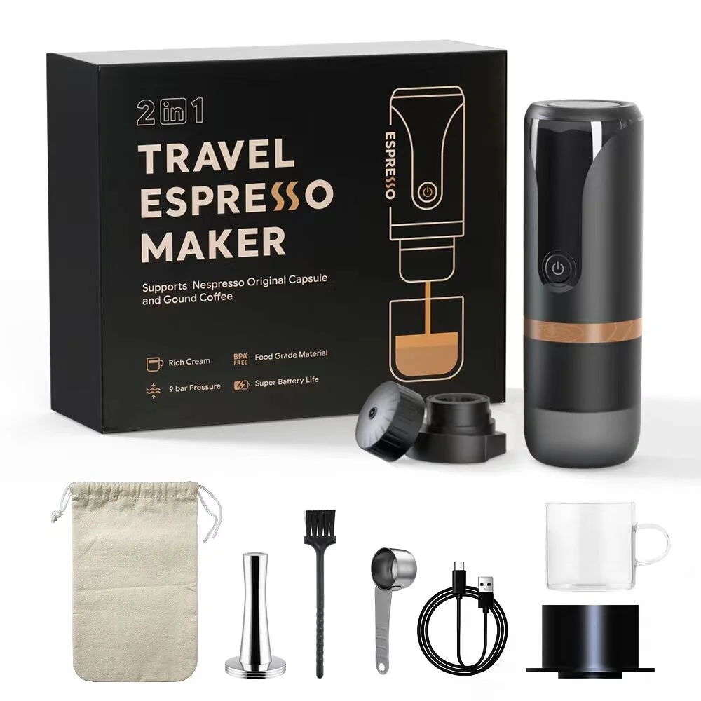 Meterk Portable Espresso Machine 9 Bar Pressure Rechargeable 2 in 1 Small Travel Coffee Maker Compatible with Capsules Ground Coffee Perfect for Travel Camping Hiking Office Kitchen Black