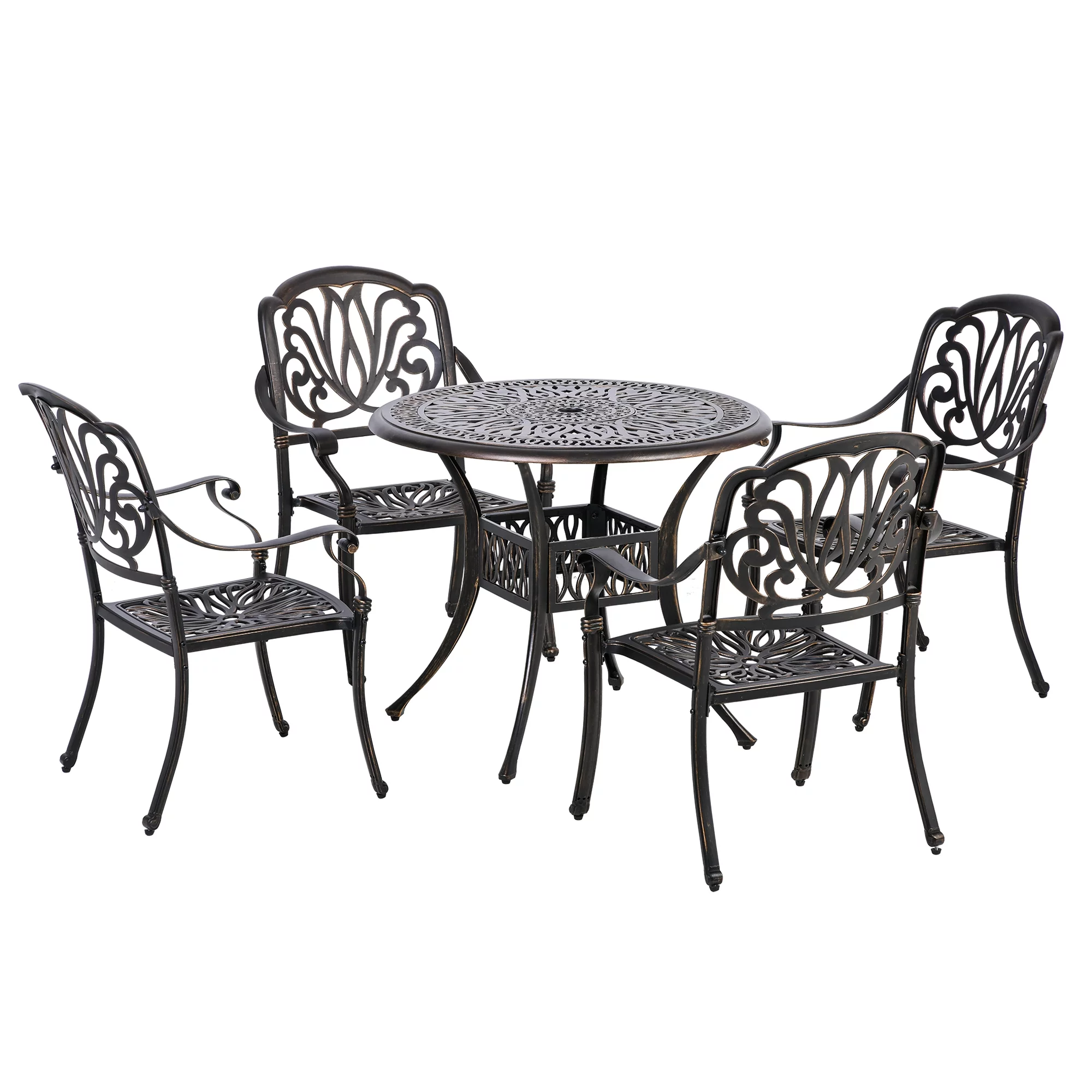 Outsunny Cast Aluminum Patio Dining Set for 4, Umbrella Hole, Bronze
