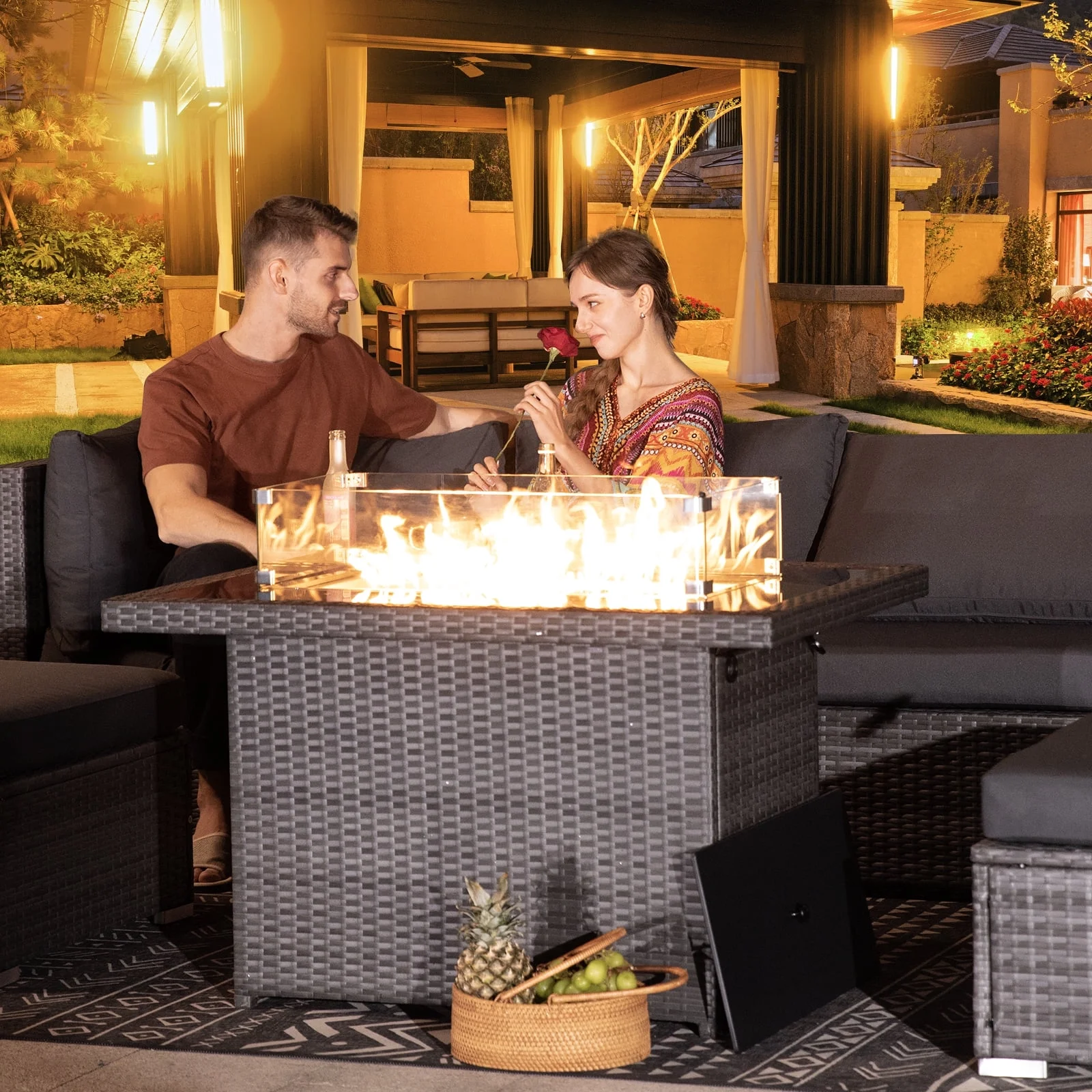 NICESOUL Outdoor 43'' Rectangular Gray Wicker Propane Fire Pit Table 55,000 BTU Output Safe Certified