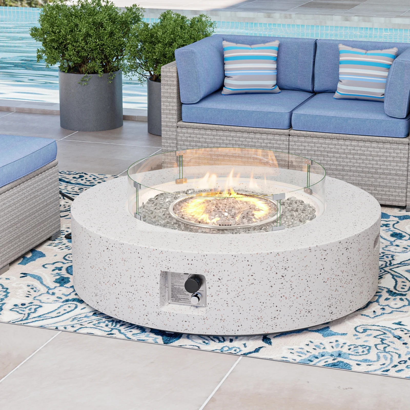 COSIEST Outdoor Propane Fire Pit Coffee Table w Terrazzo White 40.5-inch Round Base Patio Heater, Wind Guard, Transparent Gray Fire Glass, Rain Cover