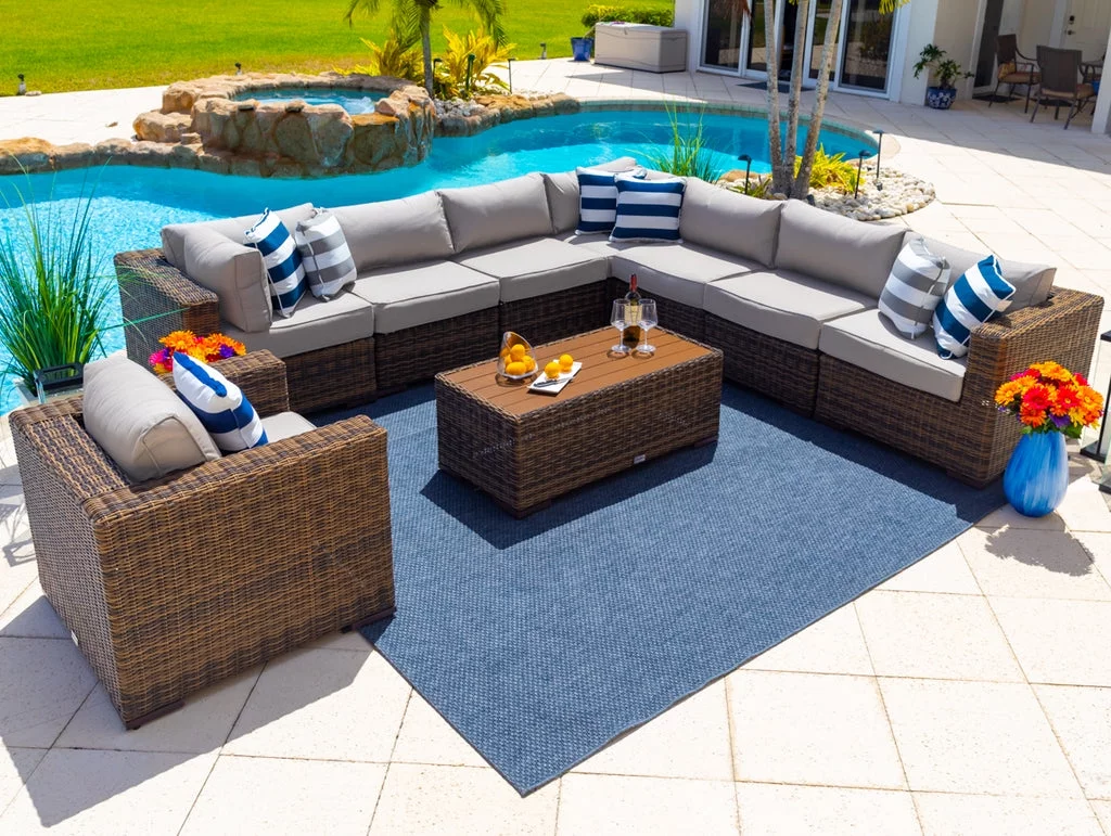 Tuscany 9-Piece Resin Wicker Outdoor Patio Furniture Sectional Sofa Set in Brown w/ Seven Modular Sectional Seats, Armchair, and Coffee Table (Half-Round Brown Wicker, Polyester Light Gray)