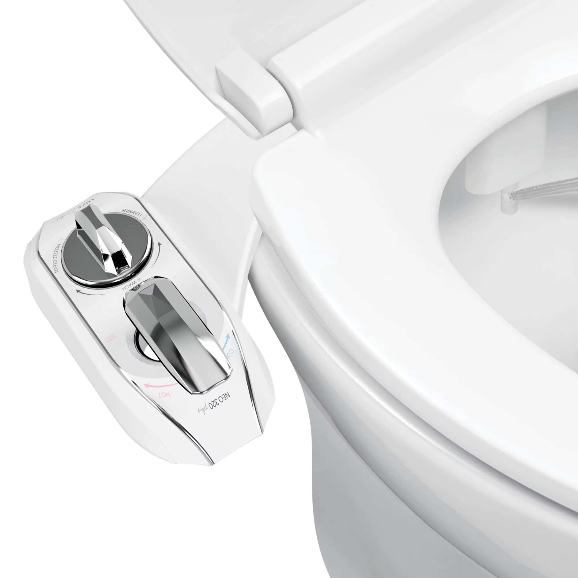 LUXE Bidet NEO 320 Plus – Warm Water Bidet Attachment, EZ-Lift Hinges, 360° Self-Clean (Chrome)