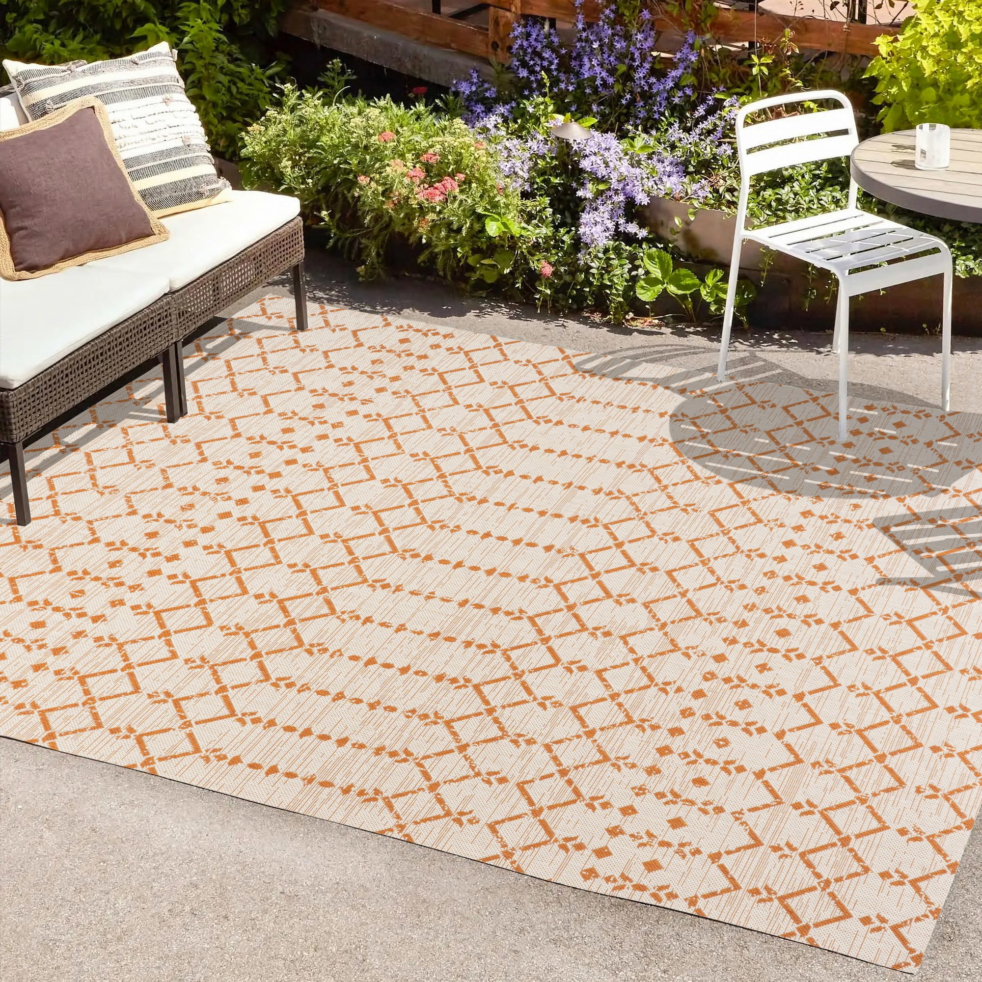 Ourika Moroccan Geometric Textured Weave Cream/Orange 4 ft. x 6 ft. Indoor/Outdoor Area Rug