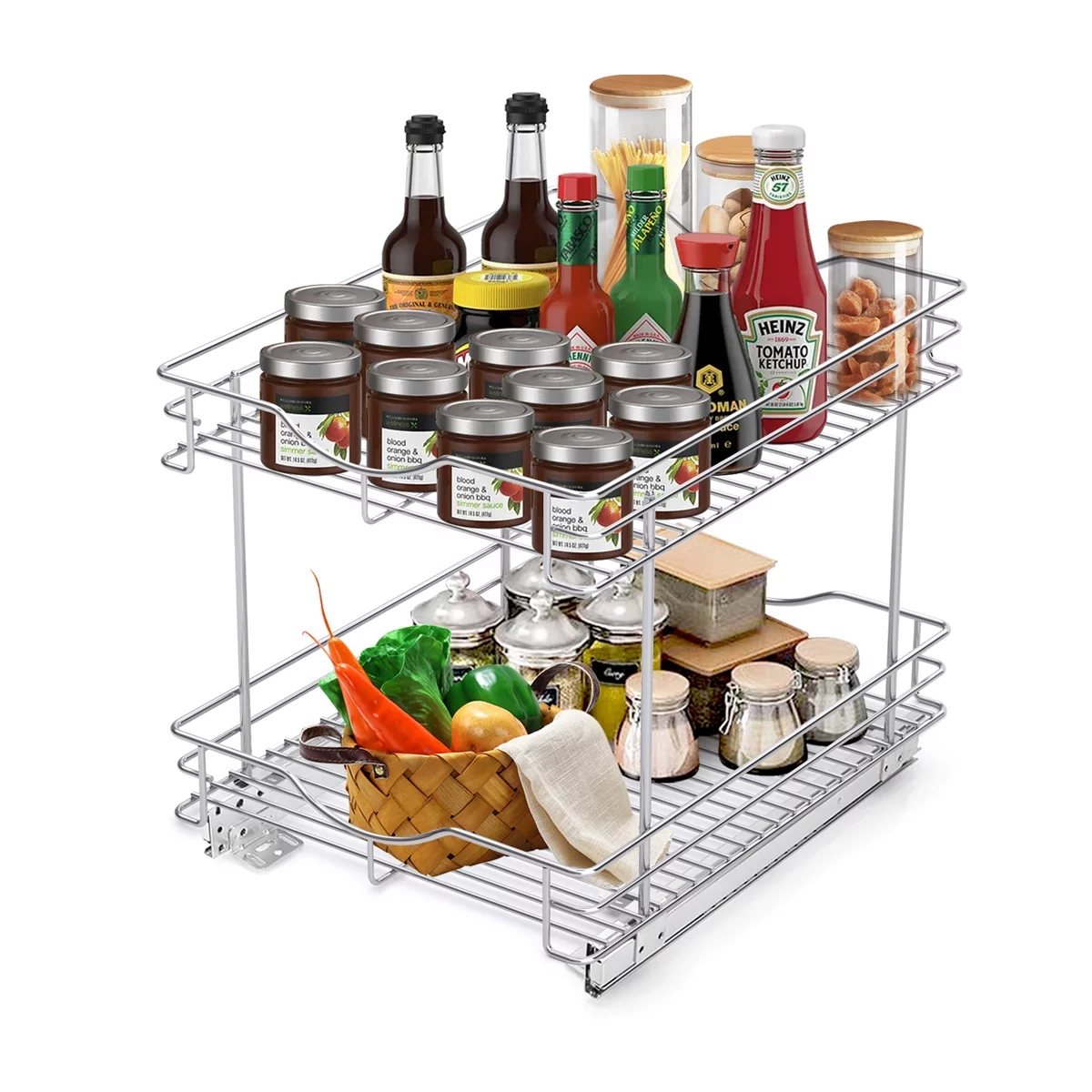Fulgente 2 Tier Chrome Finish Pull Out Drawer Cabinet Organizer, Professional Wire Frame Shelf Heavy Duty Slide Out Kitchen Cabinets Storage Shelves, Sliding Rack for Cupboard (14
