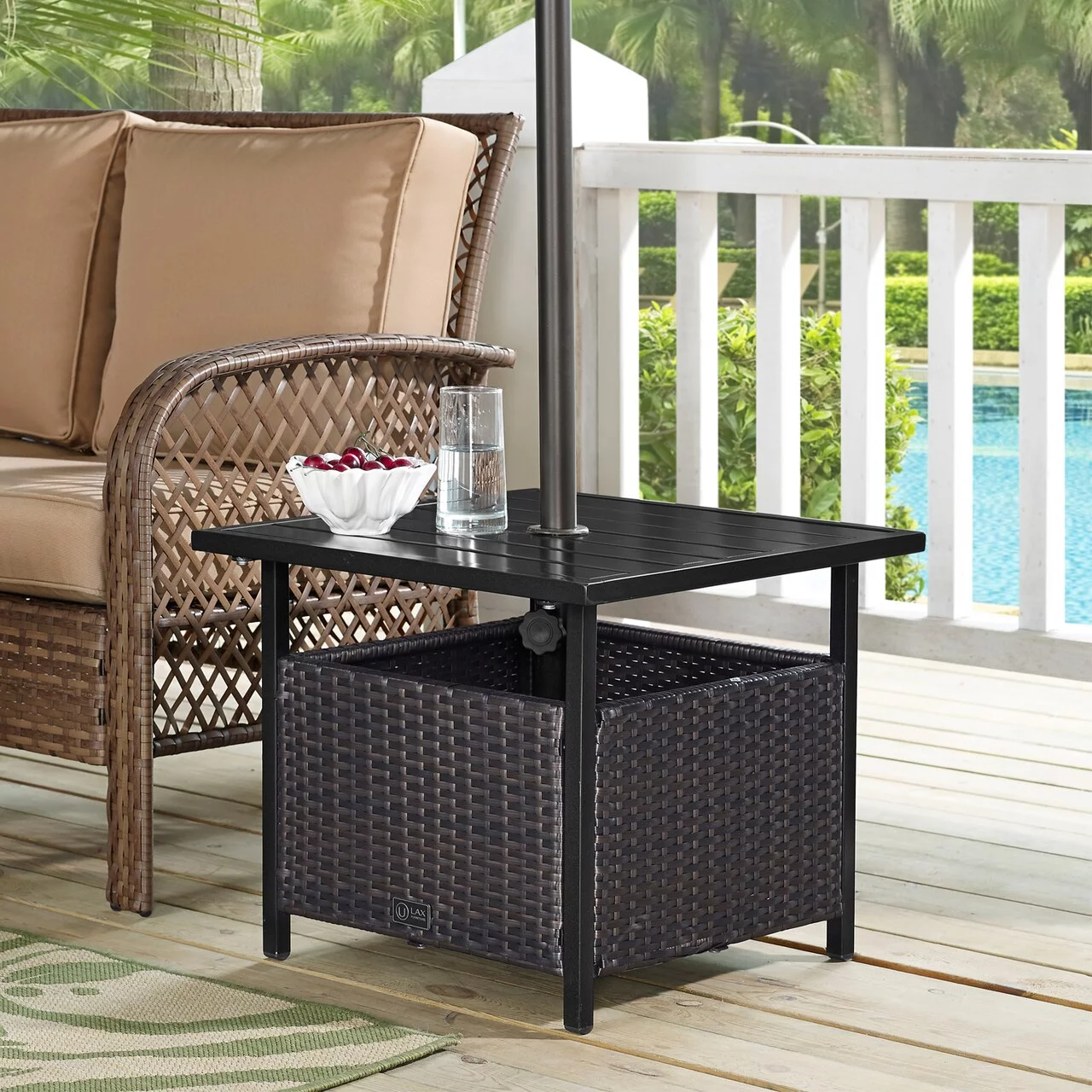 Ulax Furniture Patio PE Wicker Umbrella Side Table Stand, Outdoor Bistro Table With Umbrella Hole