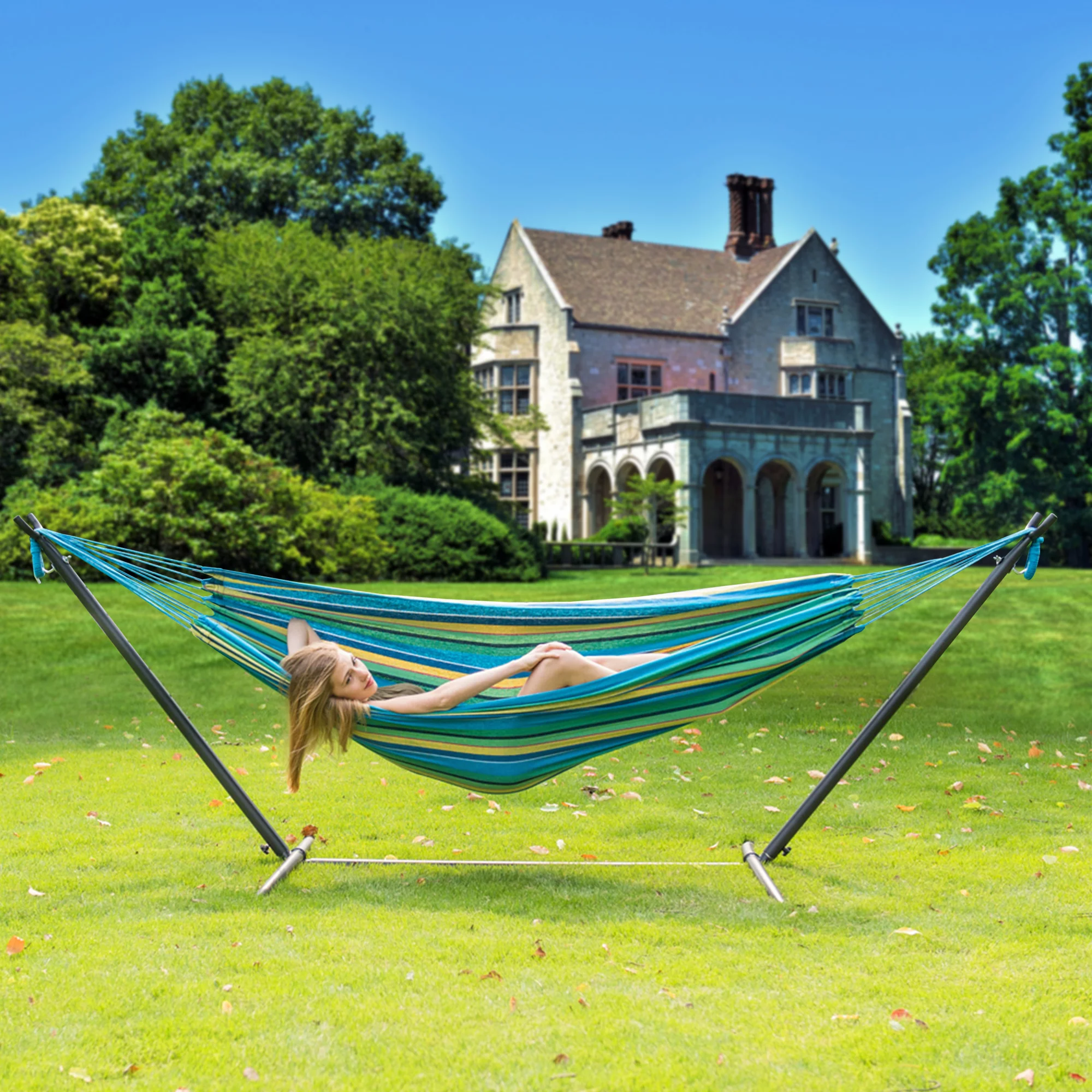 Prime Garden Double Cotton Swing Hammock with Steel Stand,Green
