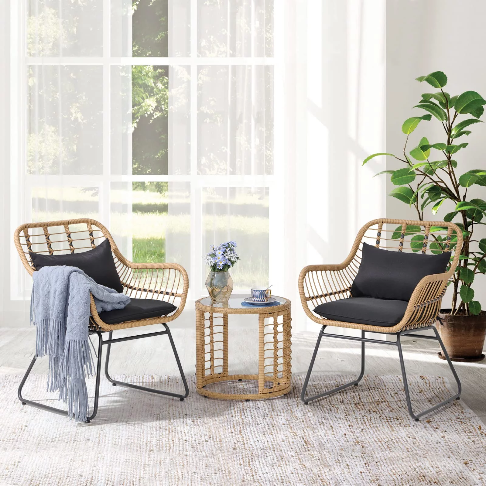 JOIVI 3-Piece Patio Set, Outdoor Wicker Bistro Sets for Porch, Backyard with Round Glass Top Coffee Table