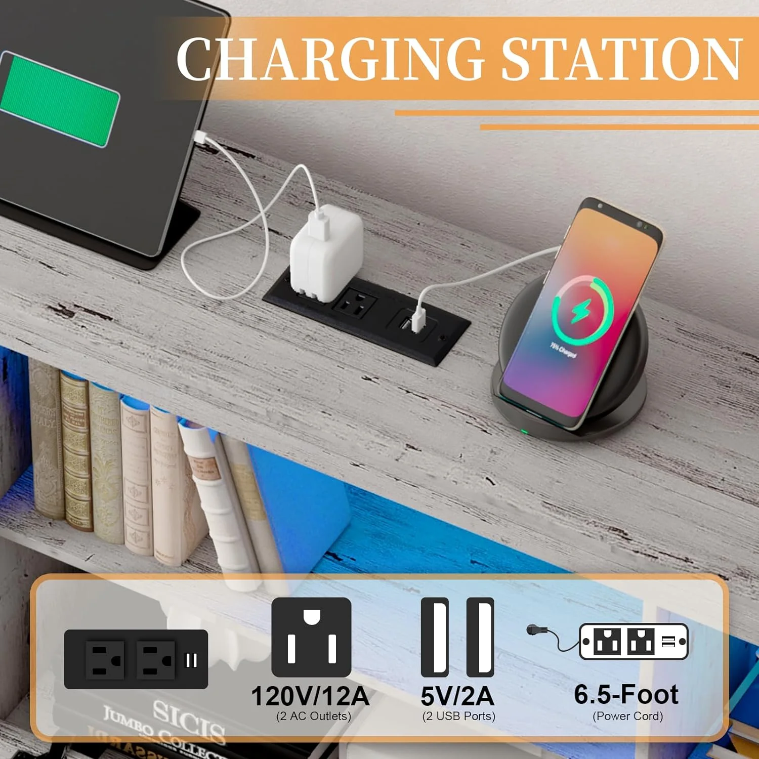 LUXOAK Queen Size Bed Frame with LED Bookcase Headboard, Wooden Storage Bed with Charging Station & 4 Drawers, White Birch