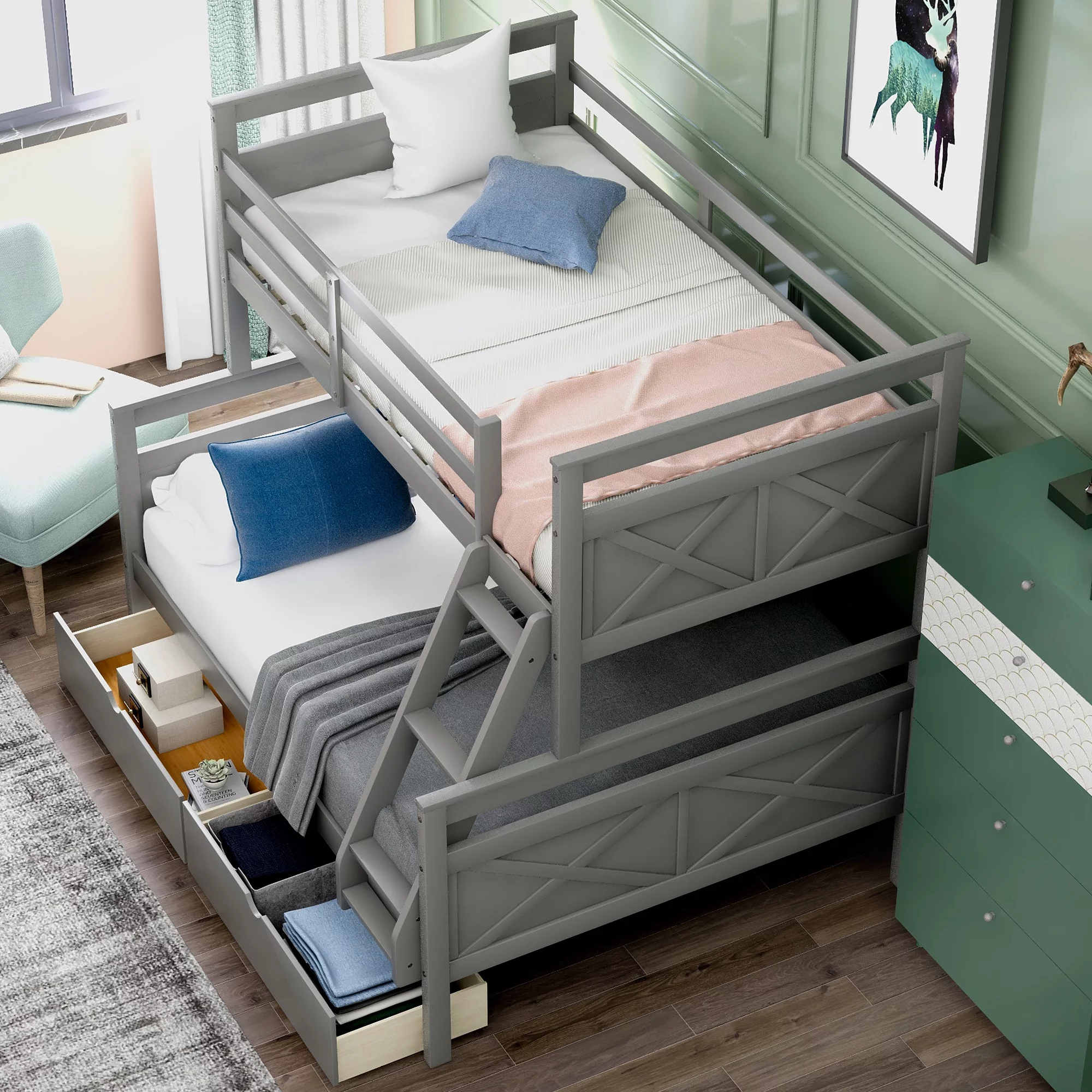 Euroco Twin over Full Convertible Wood Bunk Bed with Drawers & Guardrail, Gray