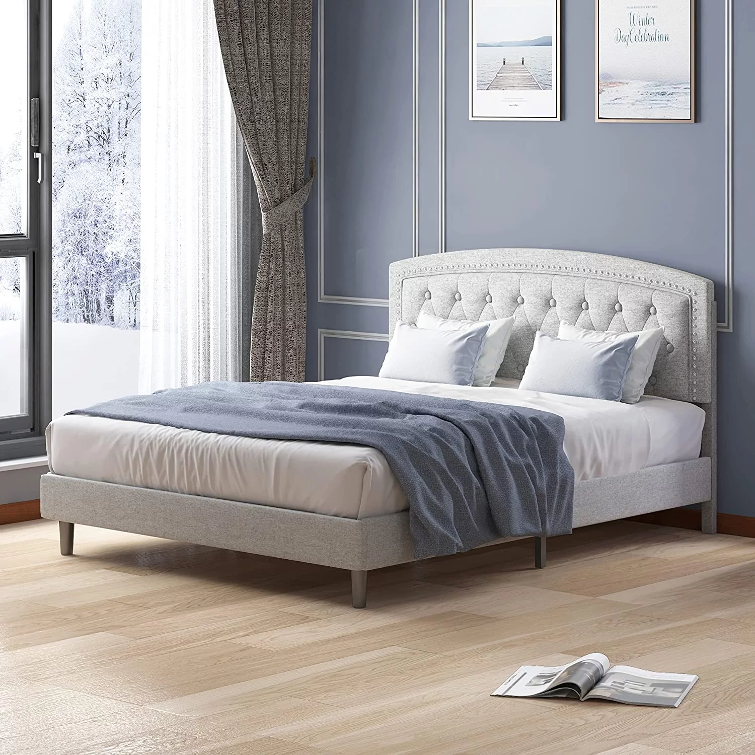 Mjkone Platform Bed Frame ,Full Size Bed Frame with Diamond Burlap Headboard with Button Trim, Durable Wood Slat Design/Mattress Support, Easy to Assemble No Box Spring Needed (Full, Light Grey)