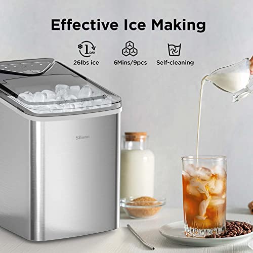 Silonn Ice Maker Countertop, 9 Cubes Ready in 6 Mins, 26lbs in 24Hrs, Self-Cleaning Ice Machine with Ice Scoop and Basket, 2 Sizes of Bullet Ice for Home Kitchen Office Bar Party