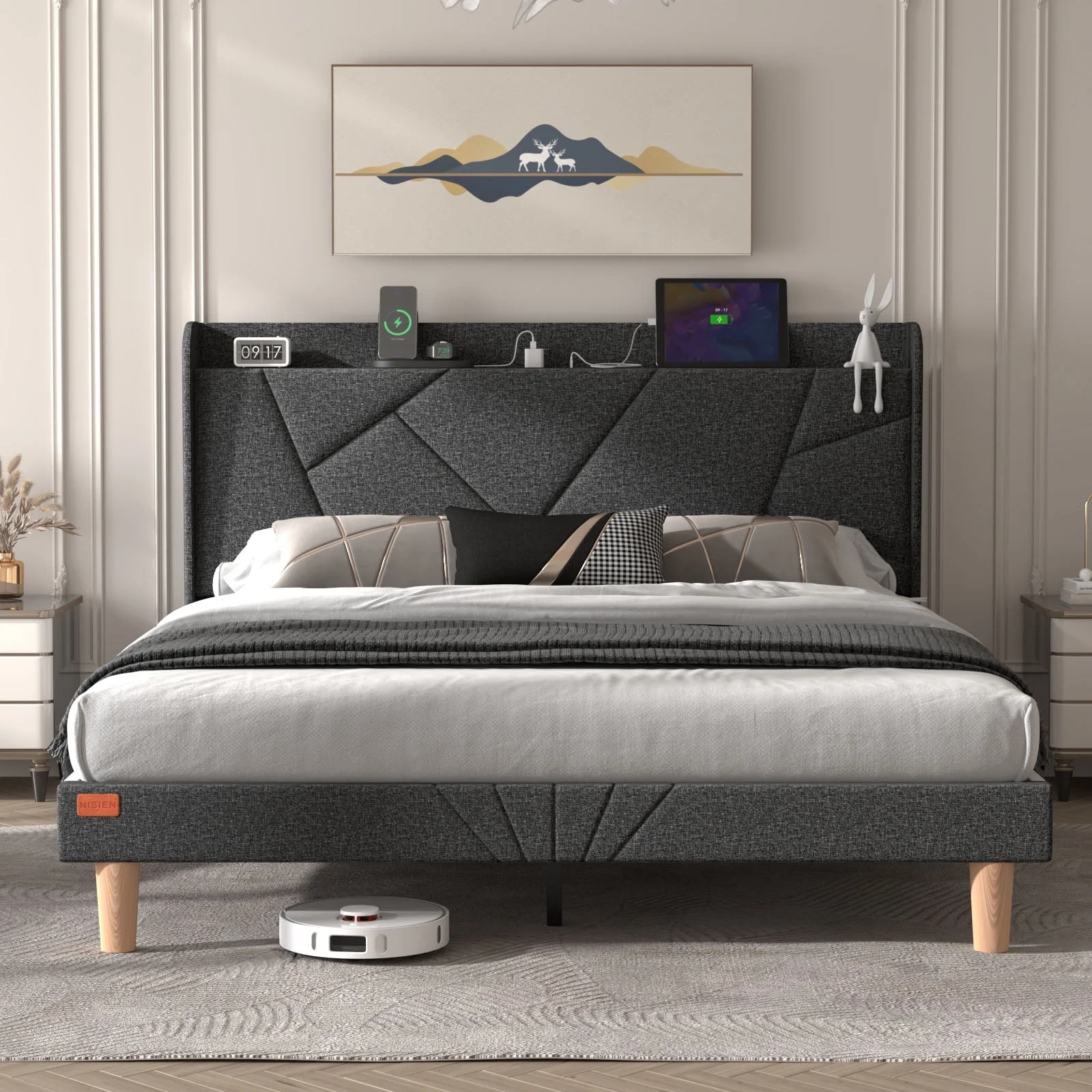 NISIEN Queen Bed Frame with Charging Station, Upholstered Platform Bed Frame with Wingback Storage Headboard, No Box Spring Needed, Dark Grey