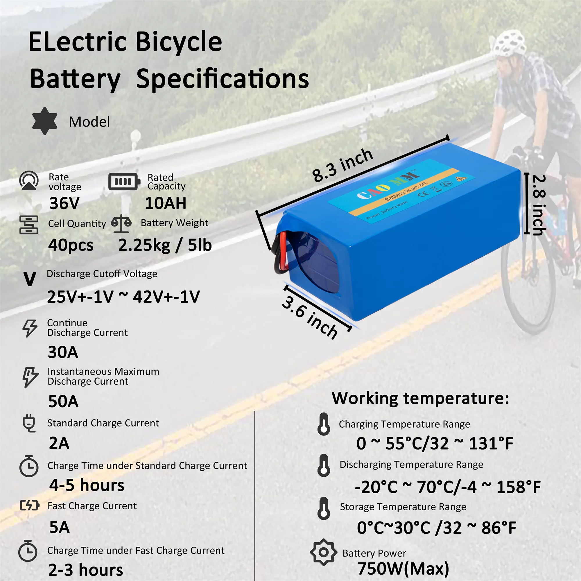 36V 10Ah Lithium Battery Without Charger T-Plug 36V Ebike Battery for 750W Electric Bike