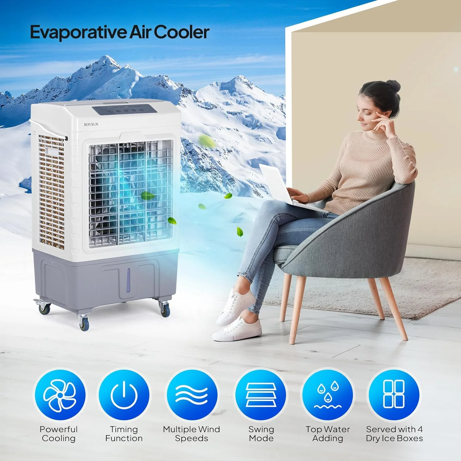 ROVSUN Portable Air Cooler, 2600CFM Evaporative Swamp Cooler with 10.5Gal/40L Water Tank, Cooling Fan with Oscillating, 3 Speeds, 7.5H Timer, 4 Ice Box