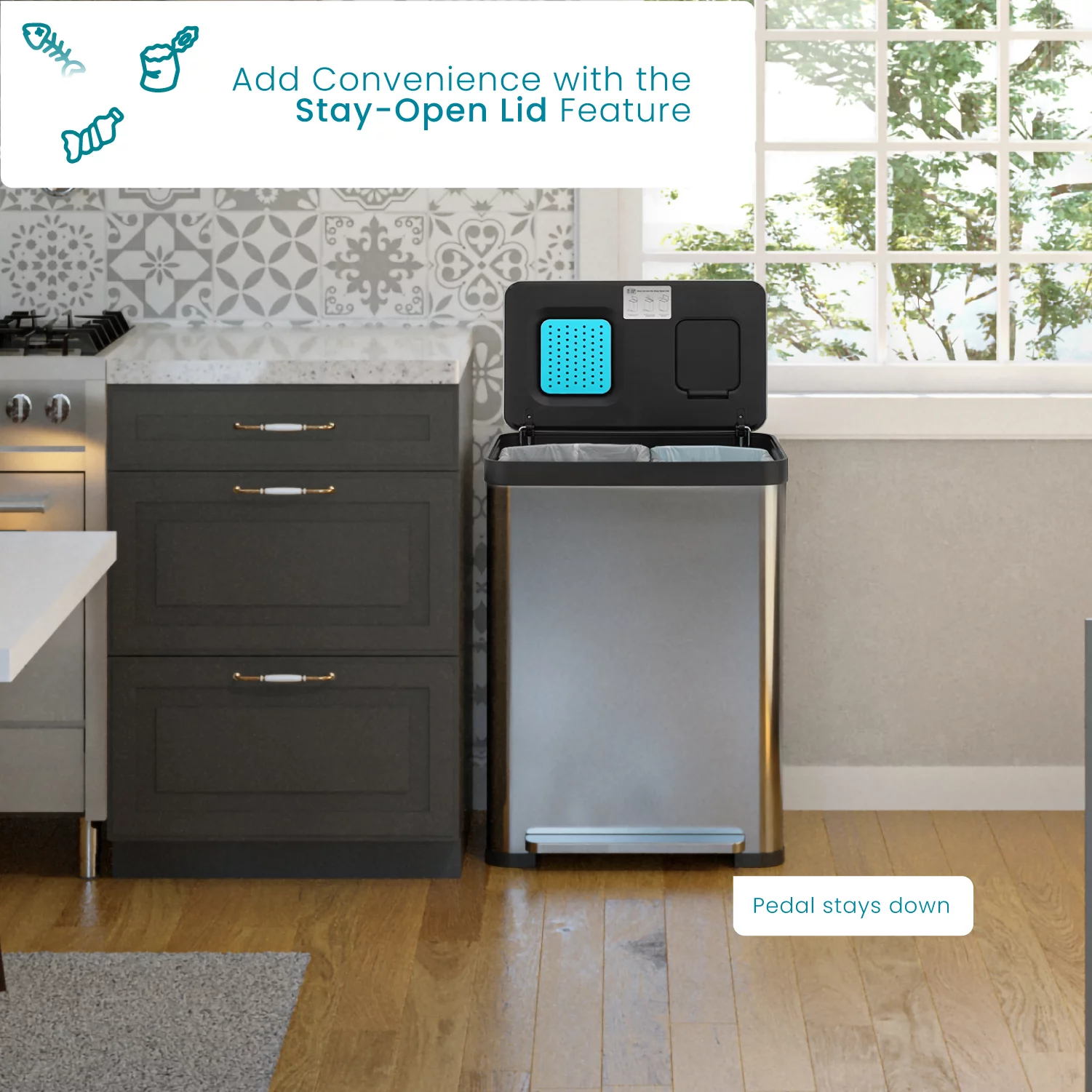 Home Zone Living 18.5 gal Kitchen Garbage Can Cleanaura Pack, Stainless Steel