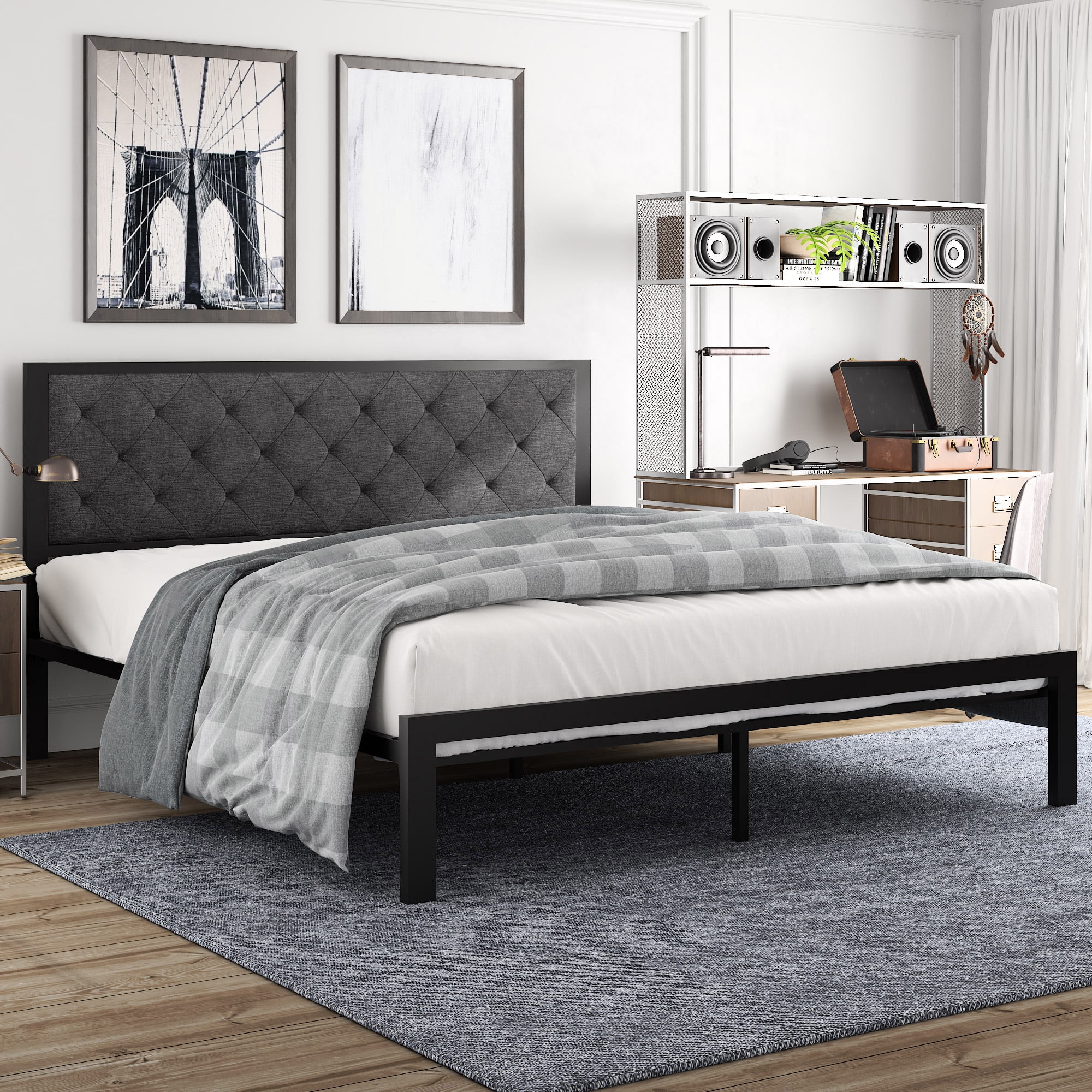 Amolife King Size Metal Bed Frame with Upholstered Headboard, Dark Grey