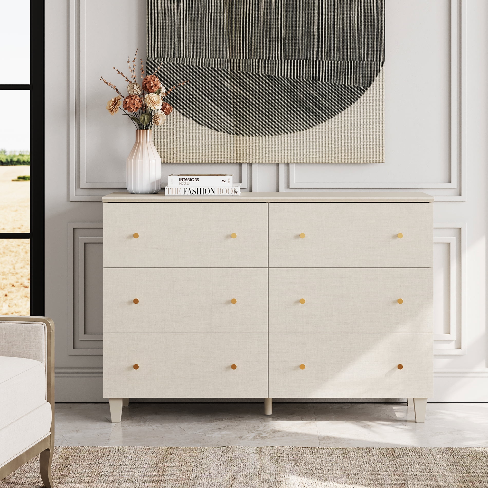 WAMPAT 6 Drawers Dresser for Bedroom, Wooden Wide Chest of Drawers, Beige Modern Closet Storage Organizer Unit with Solid Wood Legs for Living Room, Hallway, Nursery, 47.2x15.3x32.4