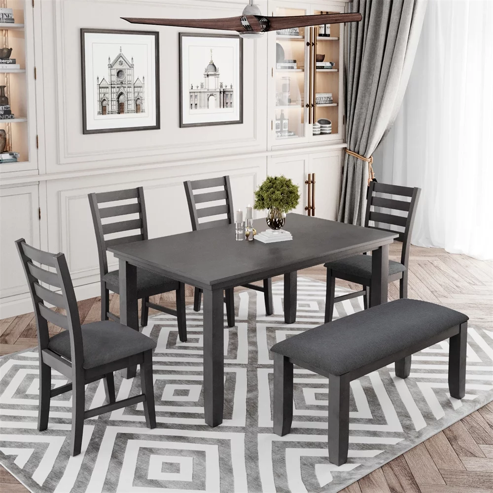 Dining Table Set for 6, 6 Piece Wood Kitchen Table Set, Dining Table and Chairs Set, Home Furniture Table Set with Chairs & Bench (Gray)