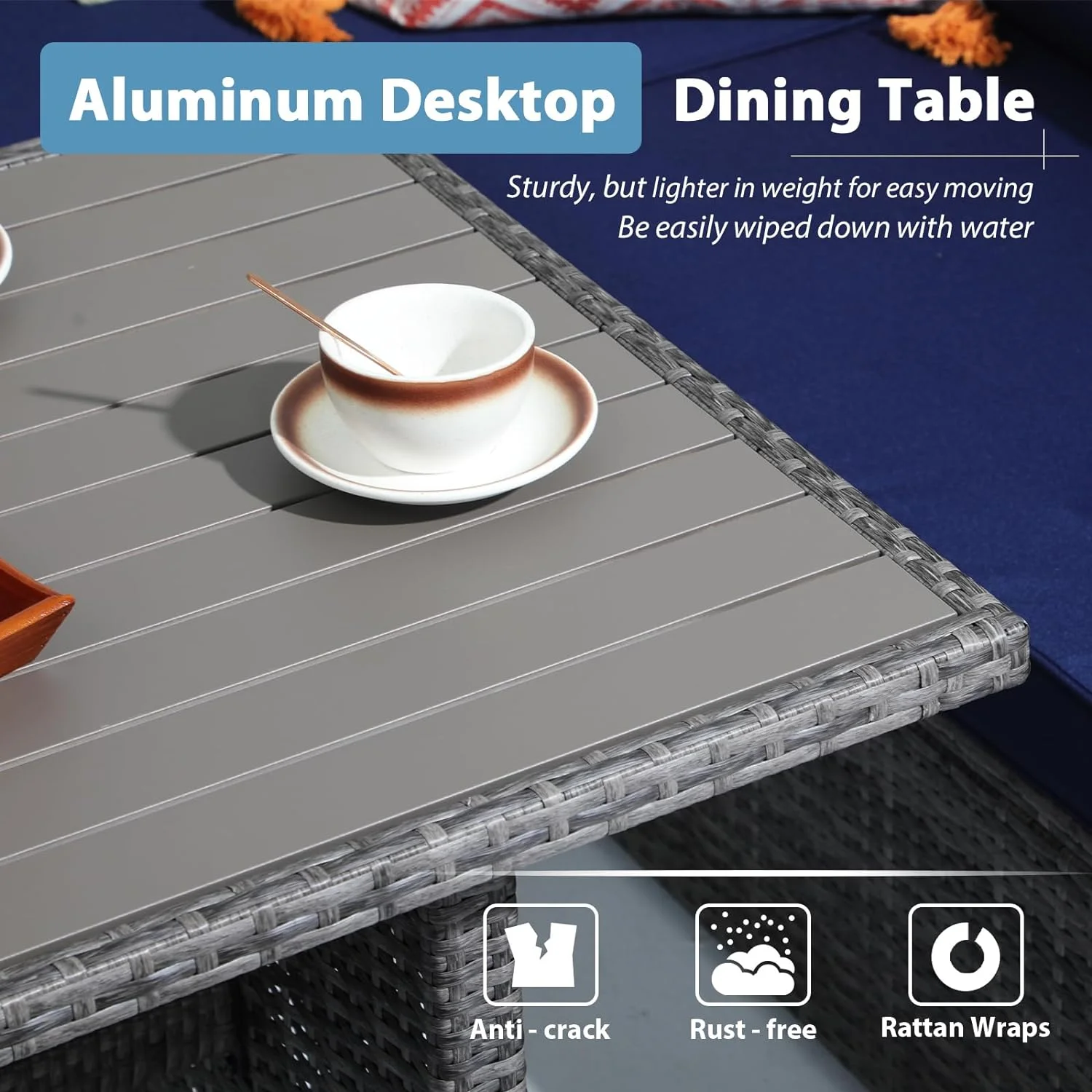 JOIVI 7 Piece Patio Furniture Set, Outdoor Dining Sectional Sofa Set with Aluminum Top Dining Table, Rattan Dining Conversation Furniture Set with Ottomans for Deck, Backyard, Navy Blue