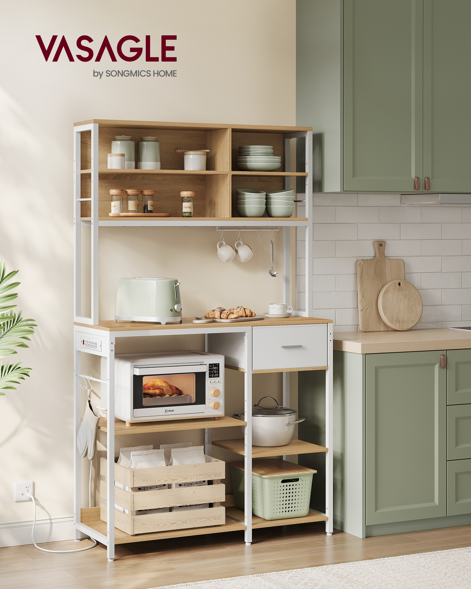 VASAGLE Bakers Rack with Charging Station, Coffee Bar Stand, Table for Microwave, Kitchen, Gold Oak and Cloud White