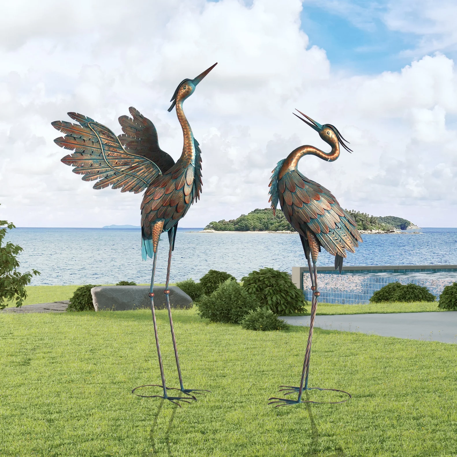 Crane Statues for Outdoor, Metal Heron Garden Statues Bird Yard Art, Standing Sculptures for Yard Lawn Pond Garden Decor, 38-42 inch Set of 2