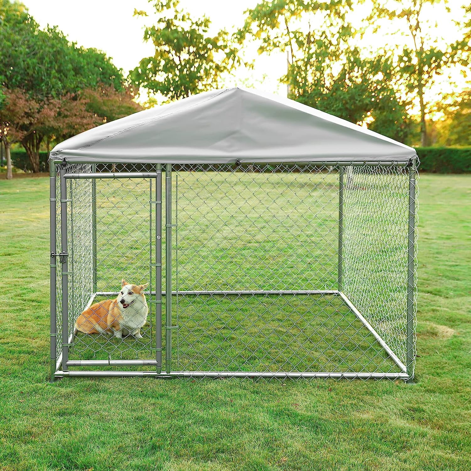 VIVIJASON Outside Dog Run House Pet Enclosure, Large Outdoor Dog Kennel with Galvanized Chain Link, Heavy Duty Pet Fence Cage with Fully Enclosed UV-Resistant Oxford Cloth Roof & Secure Lock